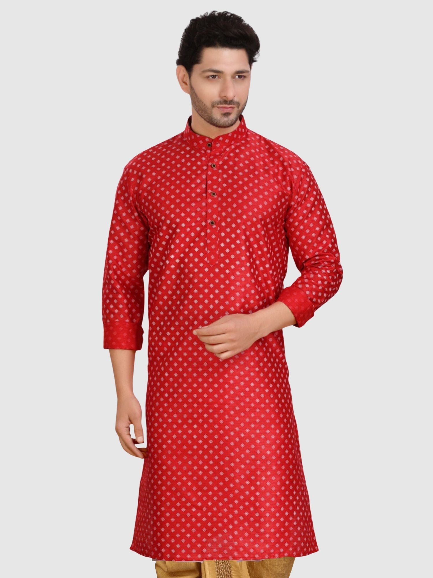 Barn Red Printed Silk Kurta Pitambari Dhoti Set