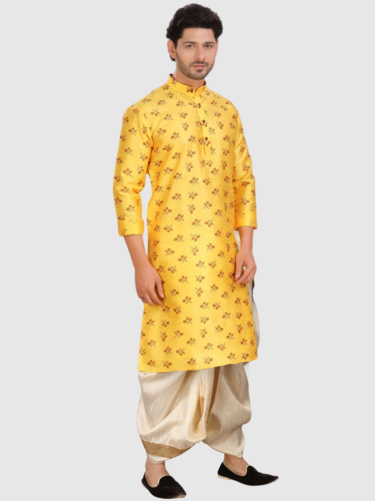 Mellow Yellow Printed Silk Kurta Pitambari Dhoti Set