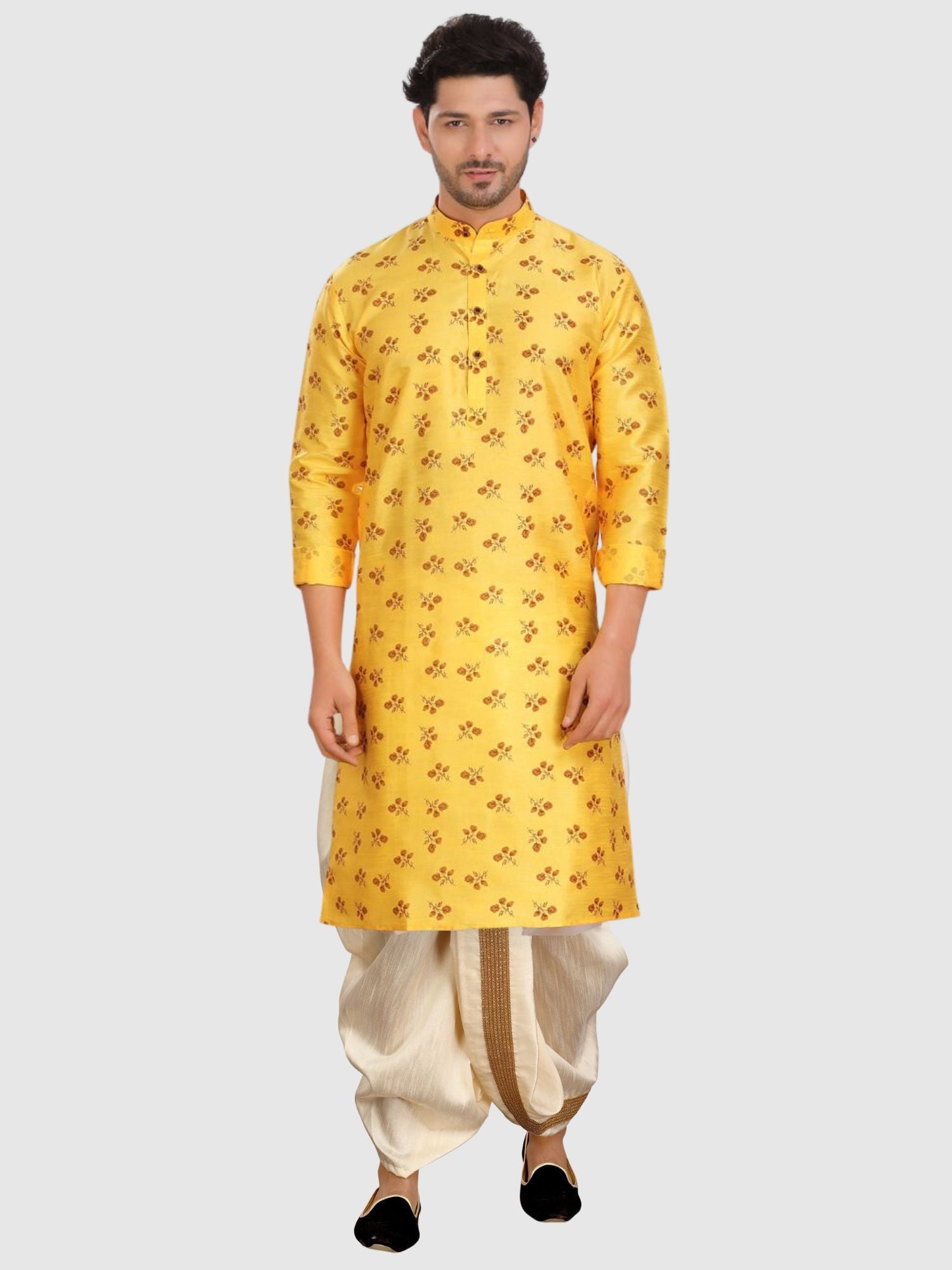 Mellow Yellow Printed Silk Kurta Pitambari Dhoti Set