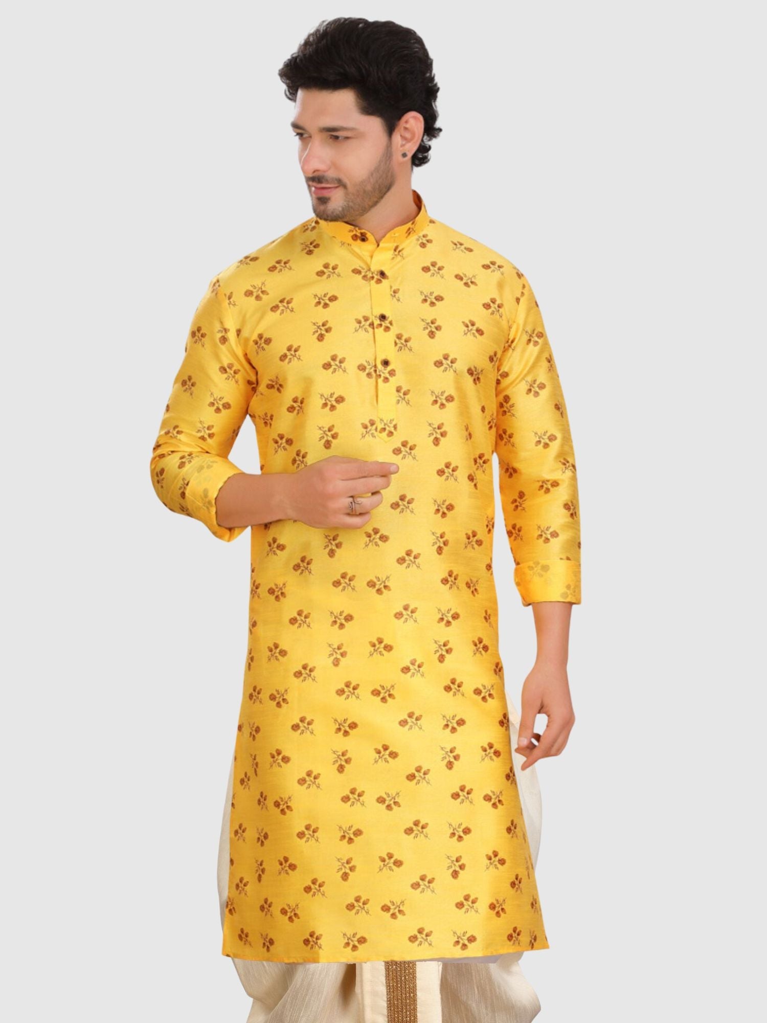 Mellow Yellow Printed Silk Kurta Pitambari Dhoti Set