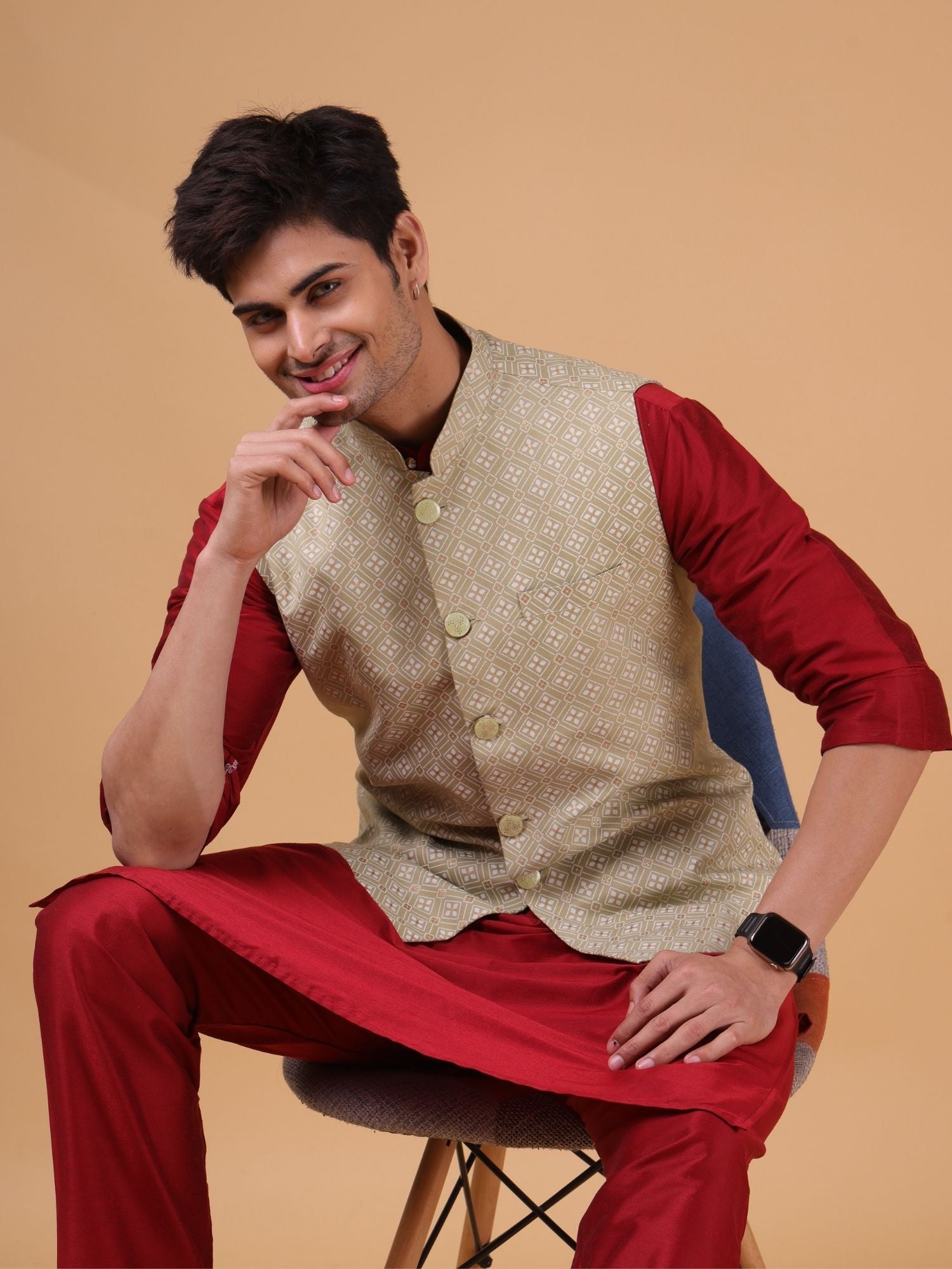 Crocodile Green Lotus Gold Linen Cotton Nehru Jacket