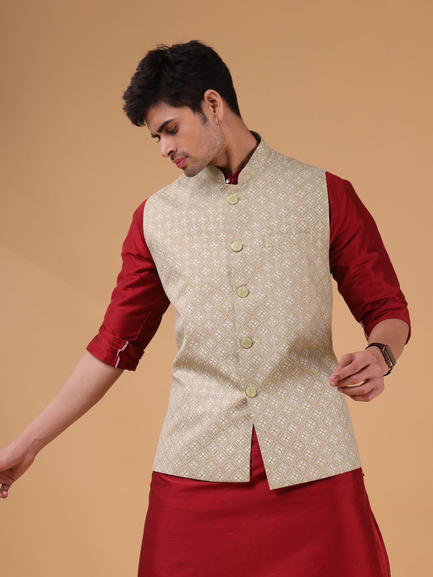 Crocodile Green Lotus Gold Linen Cotton Nehru Jacket