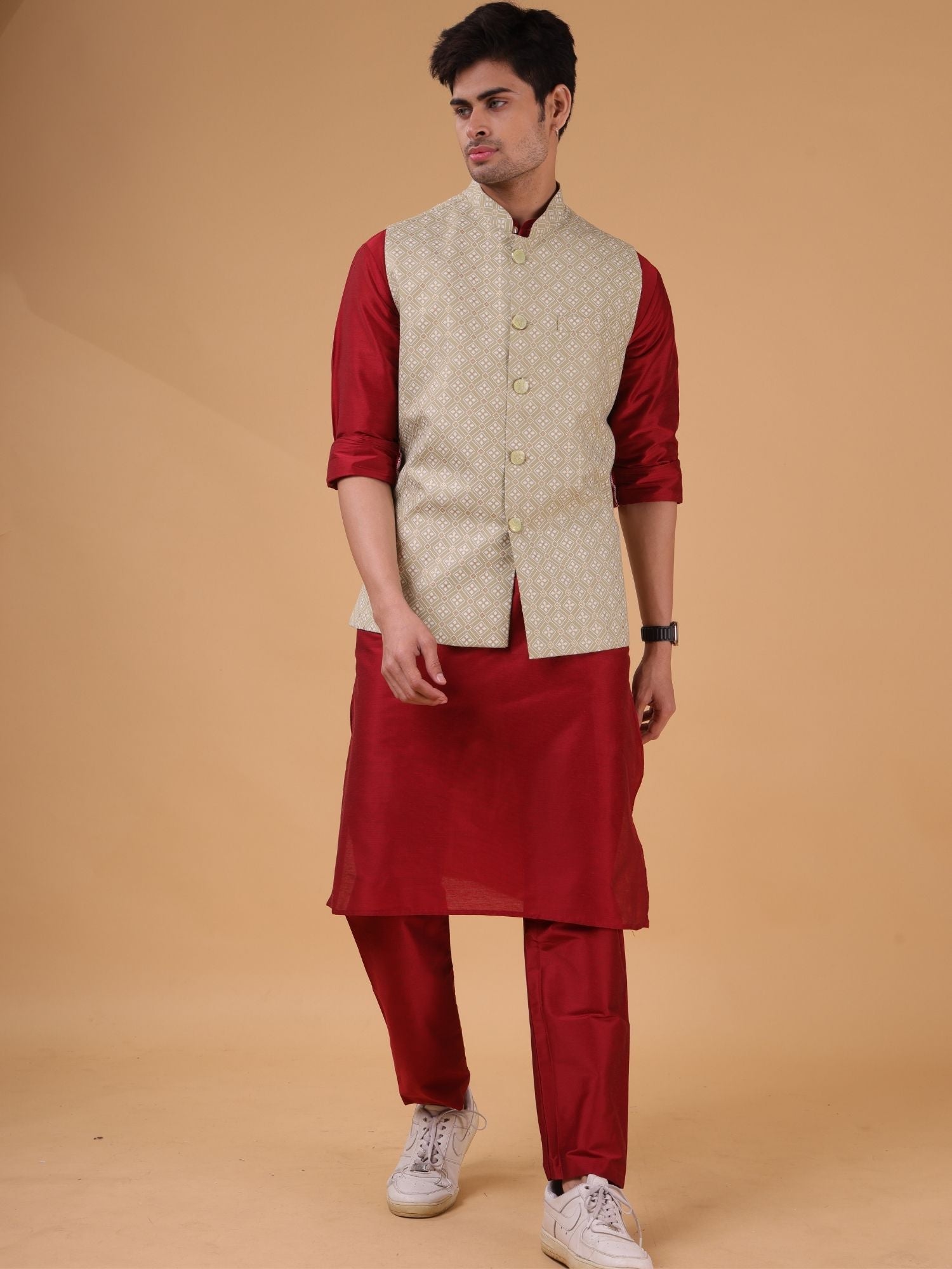 Crocodile Green Lotus Gold Linen Cotton Nehru Jacket