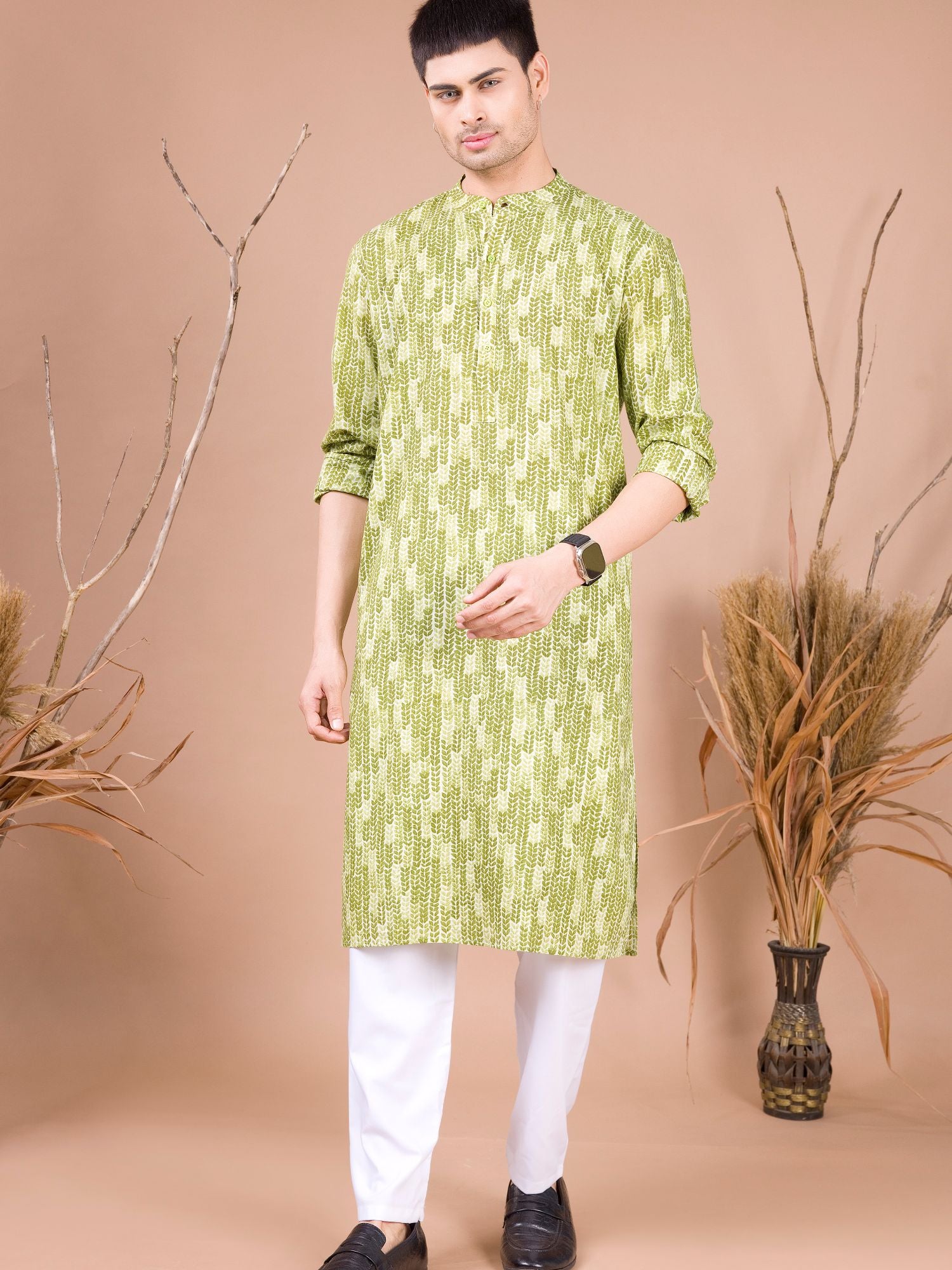 Tropical Green Printed Cotton Kurta Pajama Set