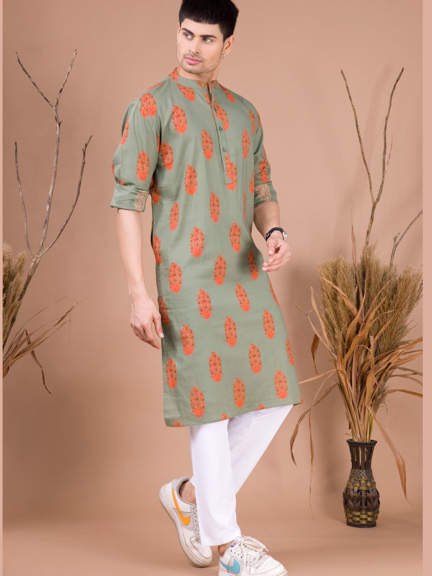 Tropical Green Printed Cotton Kurta Pajama Set
