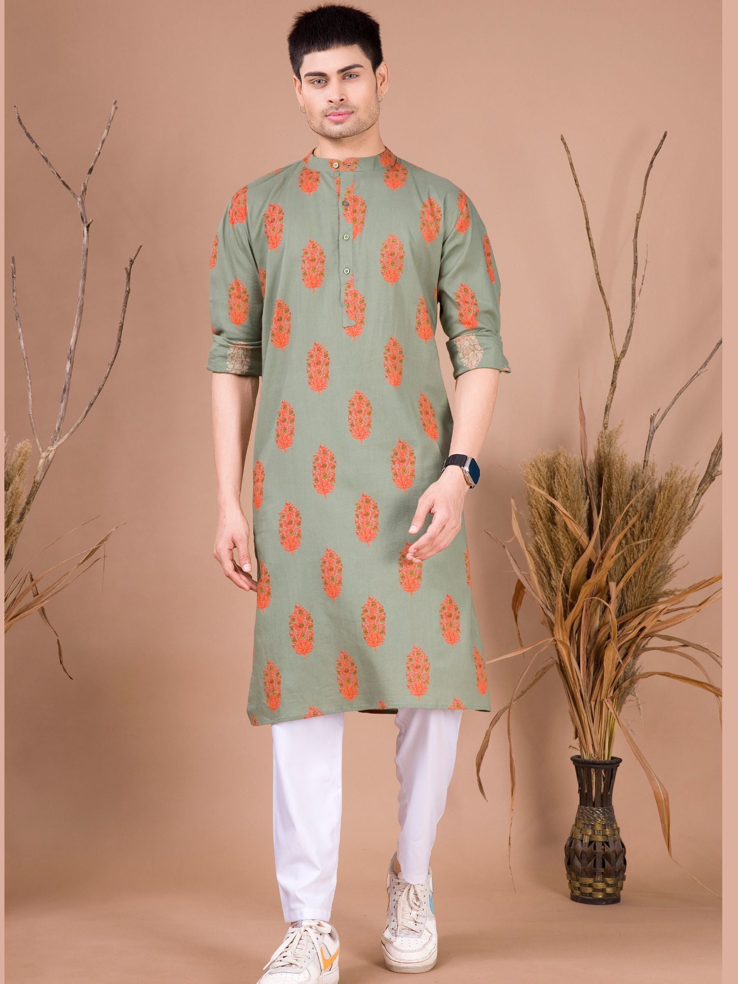 Tropical Green Printed Cotton Kurta Pajama Set