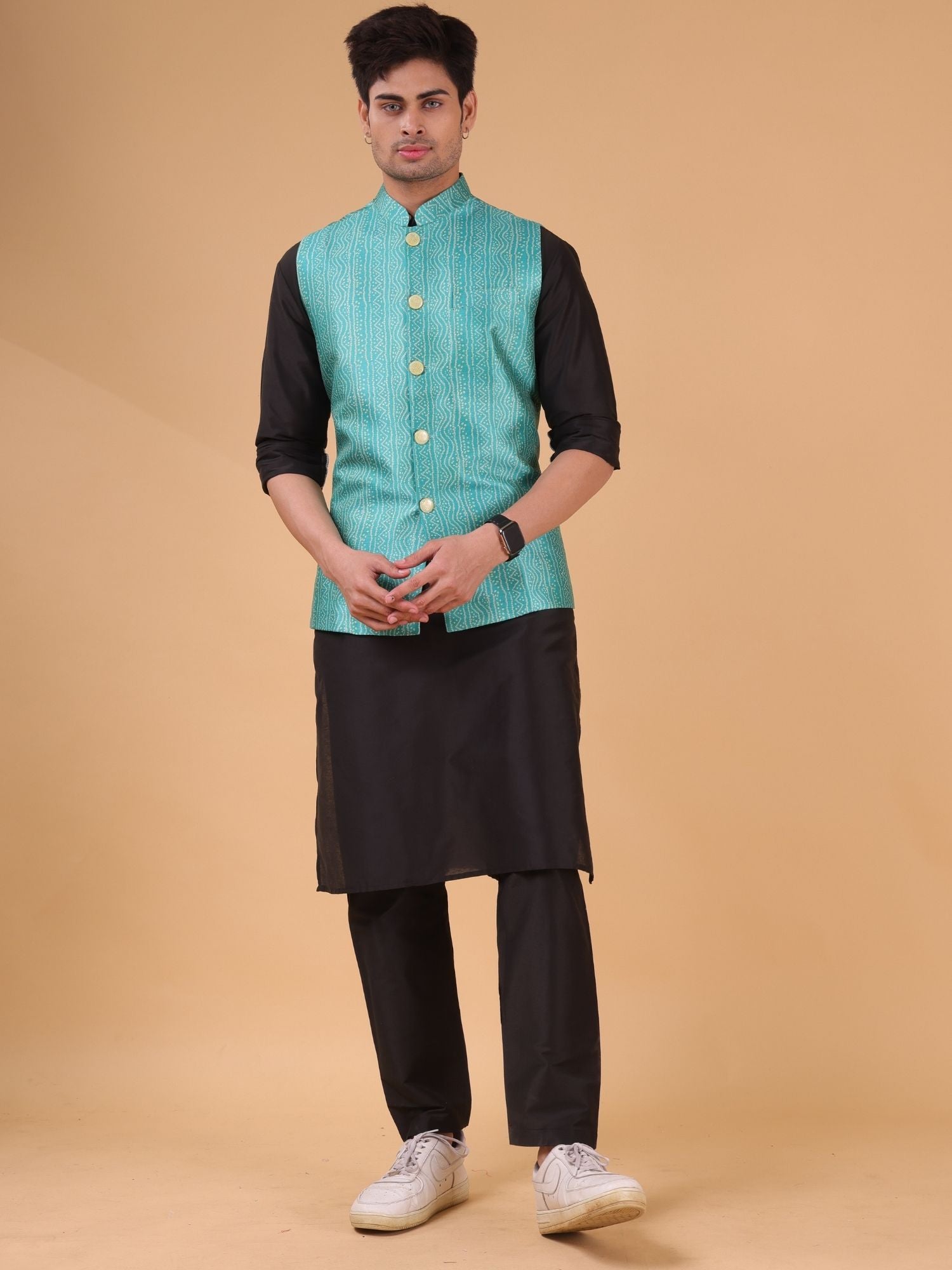 Jade Black Solid Pattern Cotton Silk Kurta Jacket Set
