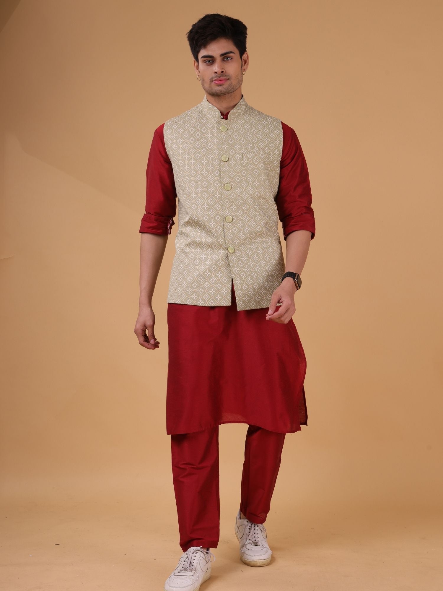 Crocodile Green Lotus Gold Linen Cotton Nehru Jacket