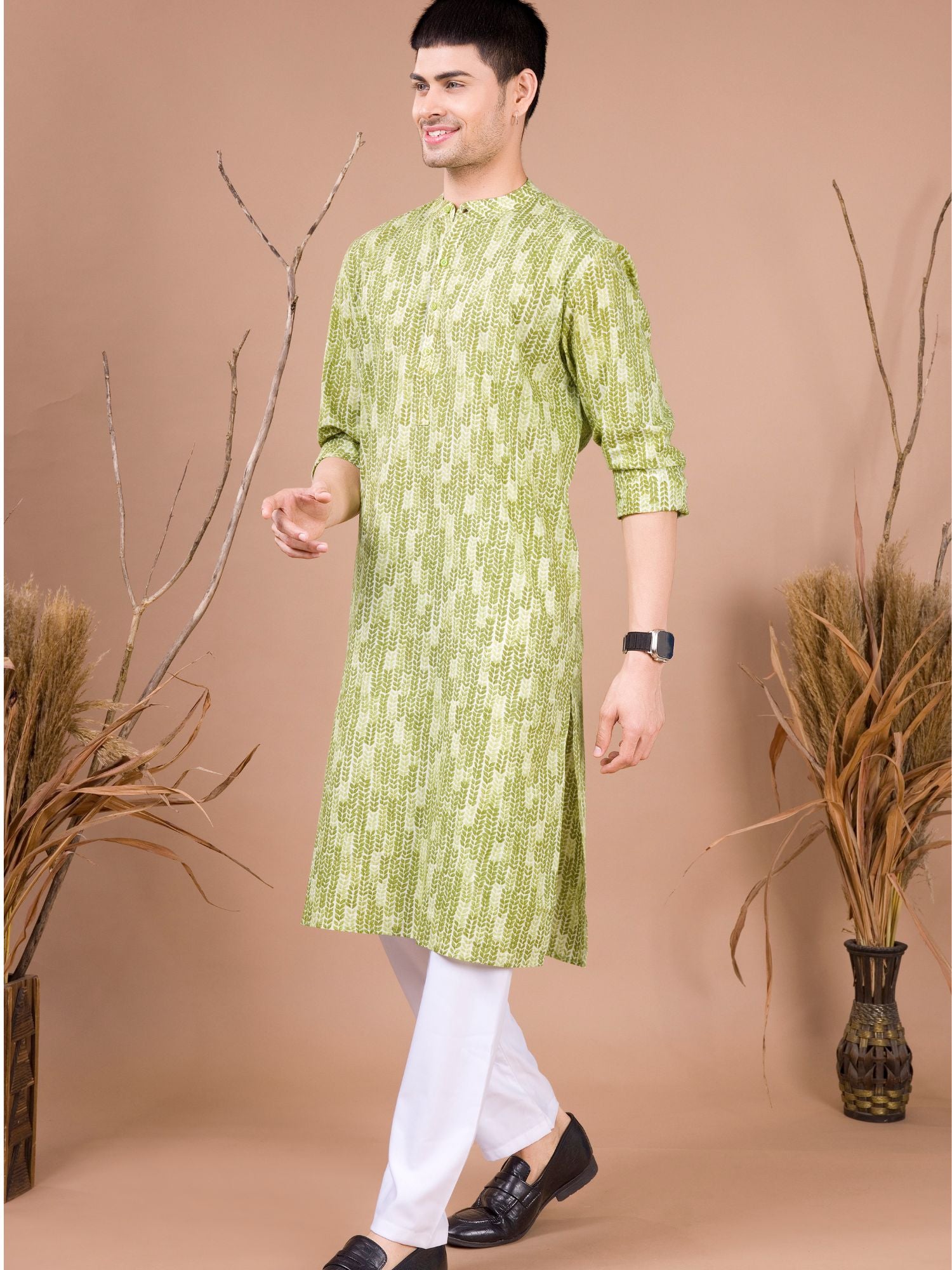 Tropical Green Printed Cotton Kurta Pajama Set