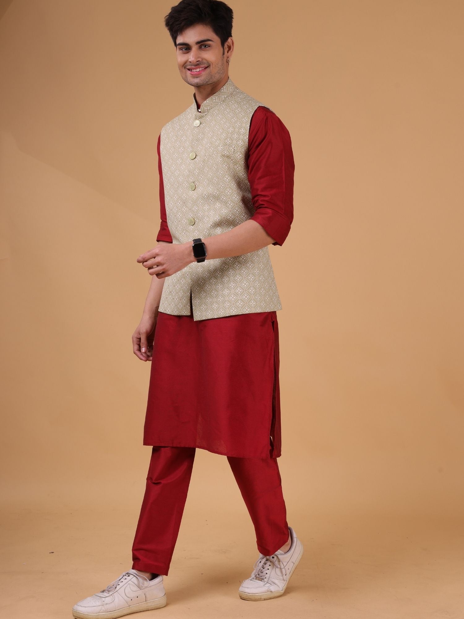 Crocodile Green Lotus Gold Linen Cotton Nehru Jacket