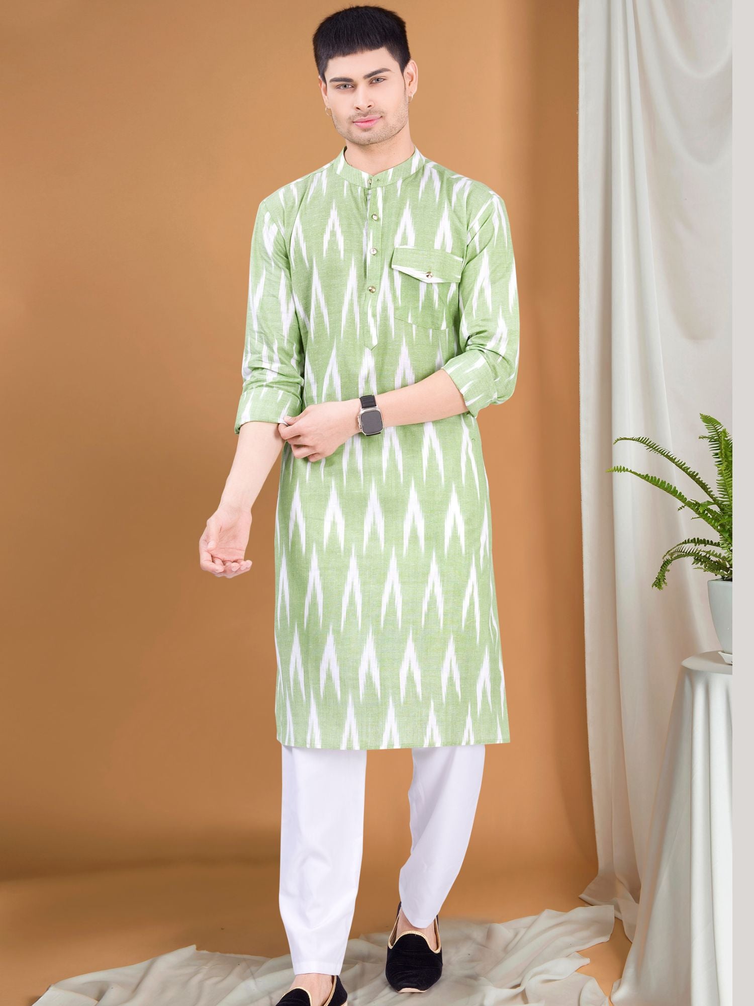 Tropical Green Ikat Print Kurta Pajama Set