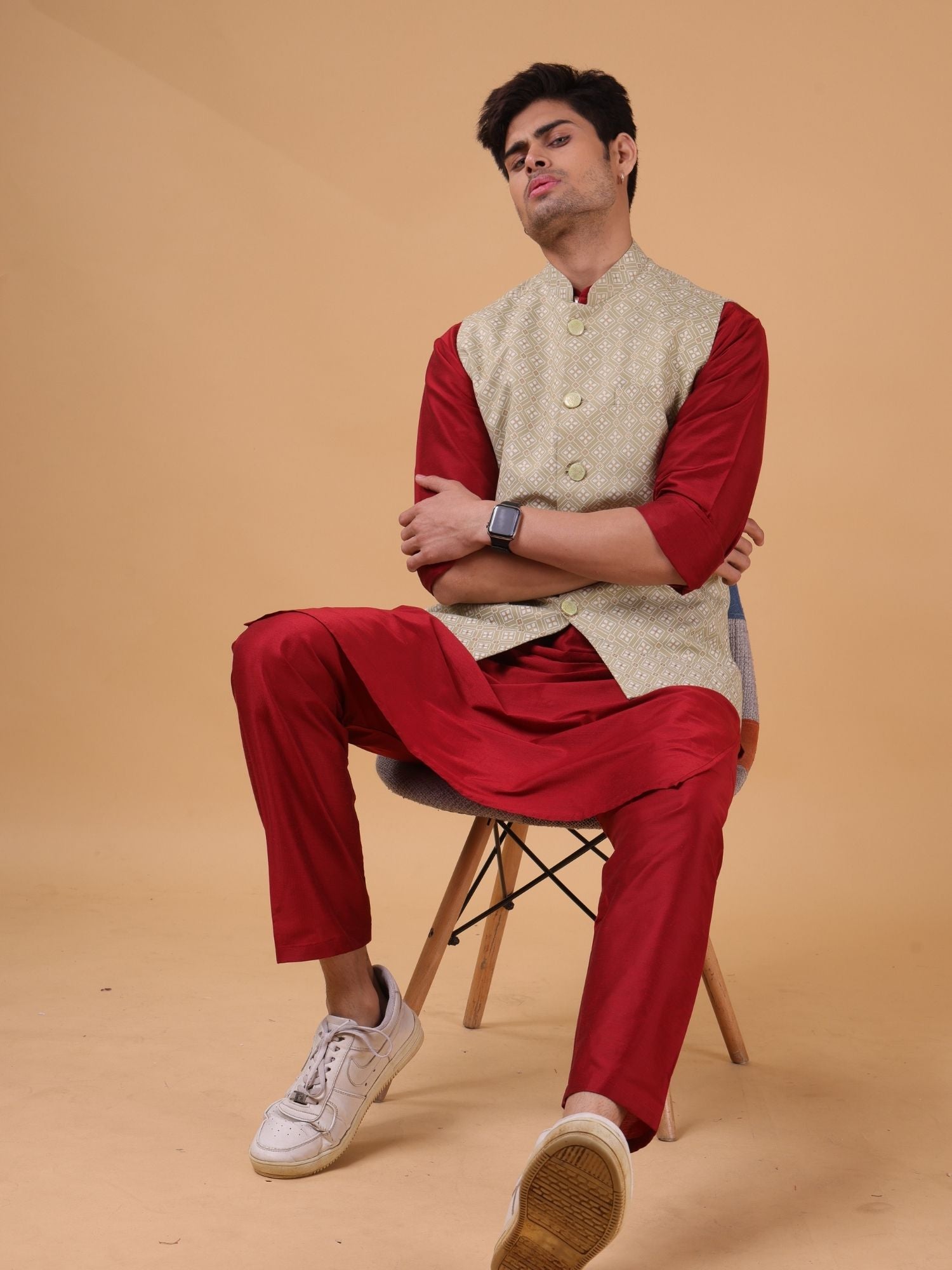 Crocodile Green Lotus Gold Linen Cotton Nehru Jacket