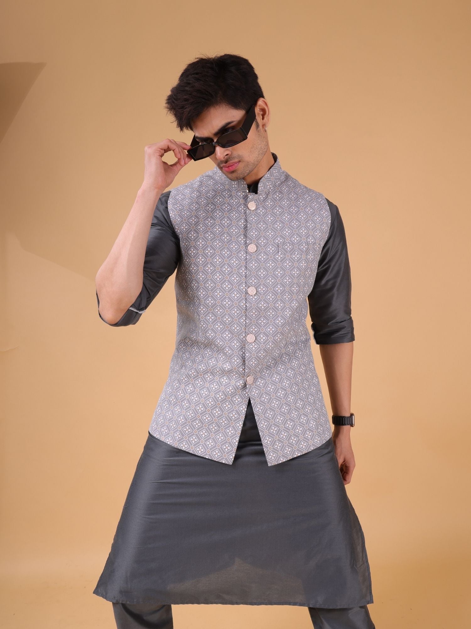Metal Grey Lotus Gold Linen Cotton Nehru Jacket