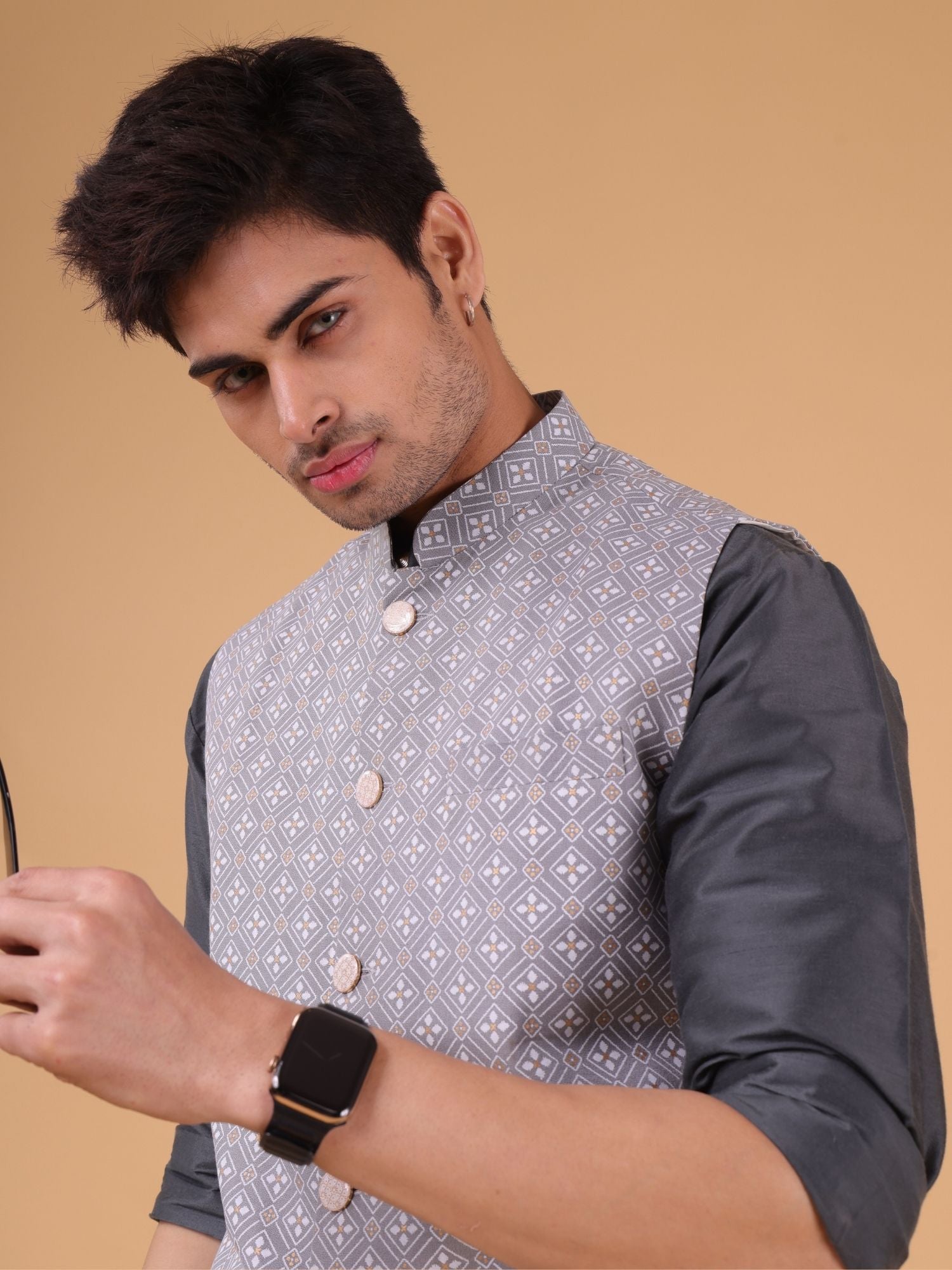 Metal Grey Lotus Gold Linen Cotton Nehru Jacket