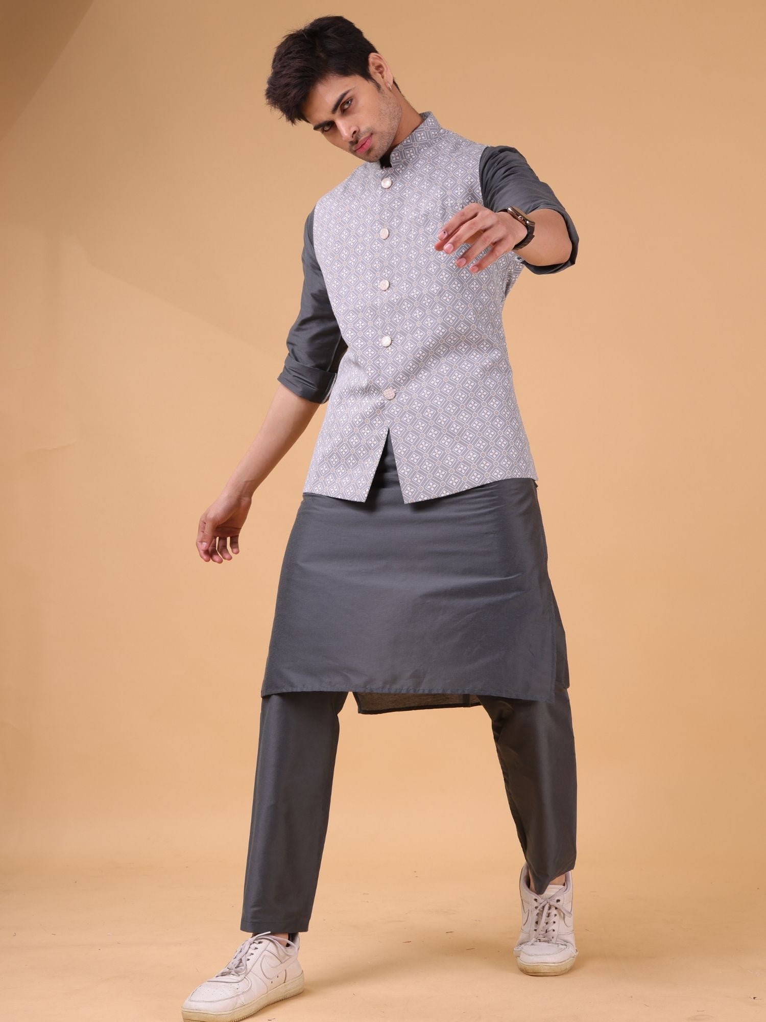 Metal Grey Lotus Gold Linen Cotton Nehru Jacket