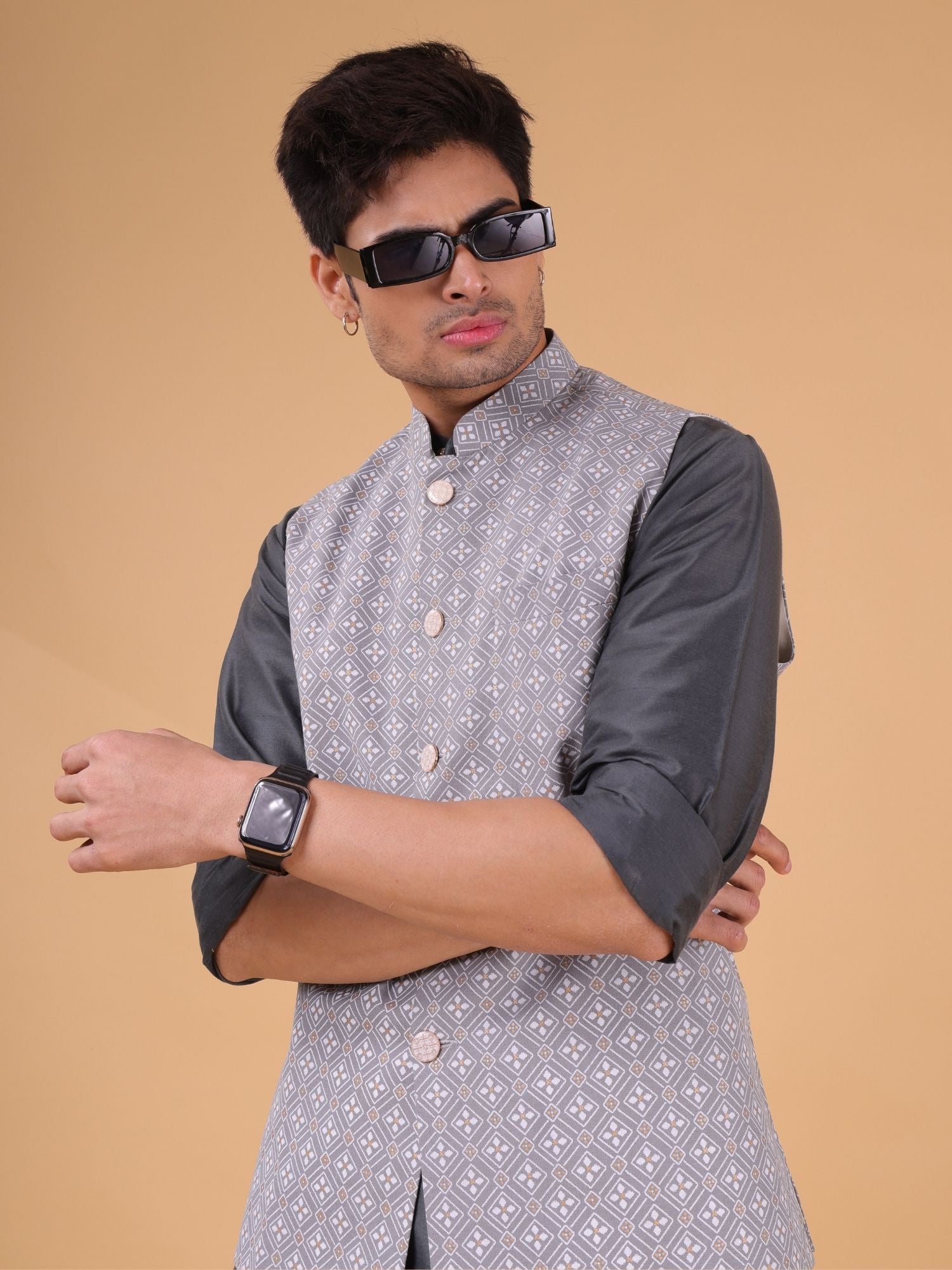 Metal Grey Lotus Gold Linen Cotton Nehru Jacket