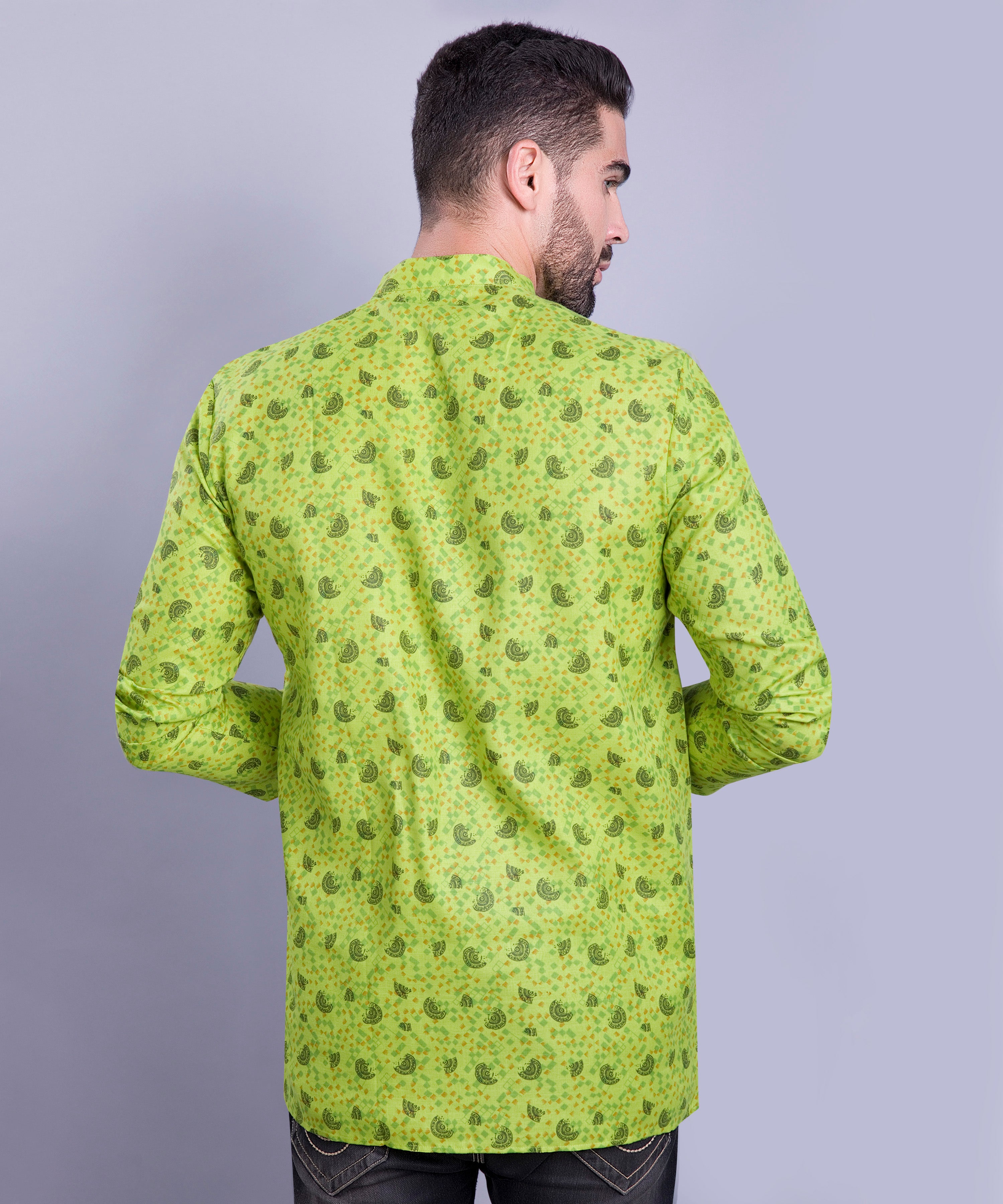 Tropical Green Hloom Printed Short Cotton Kurta