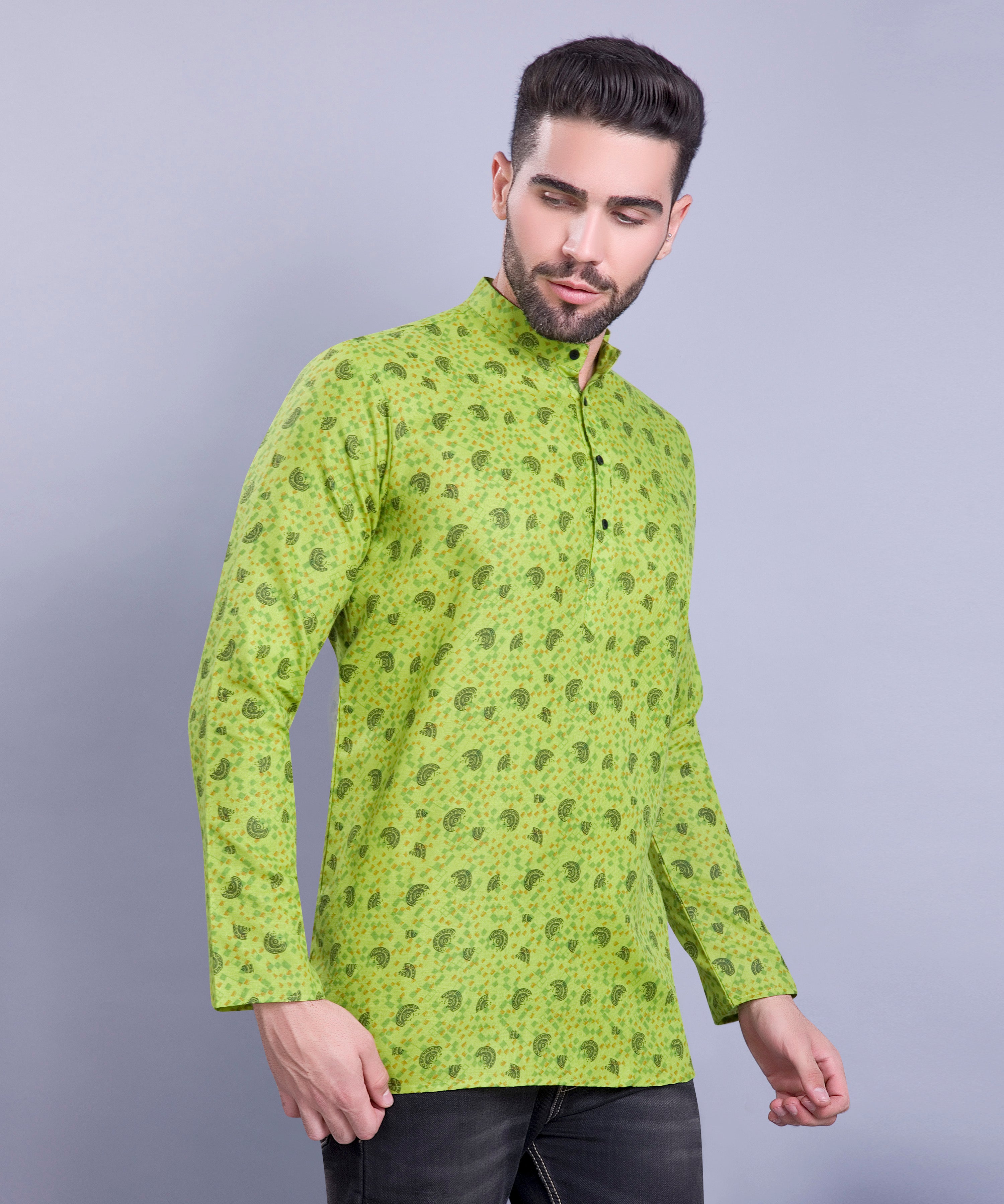 Tropical Green Hloom Printed Short Cotton Kurta