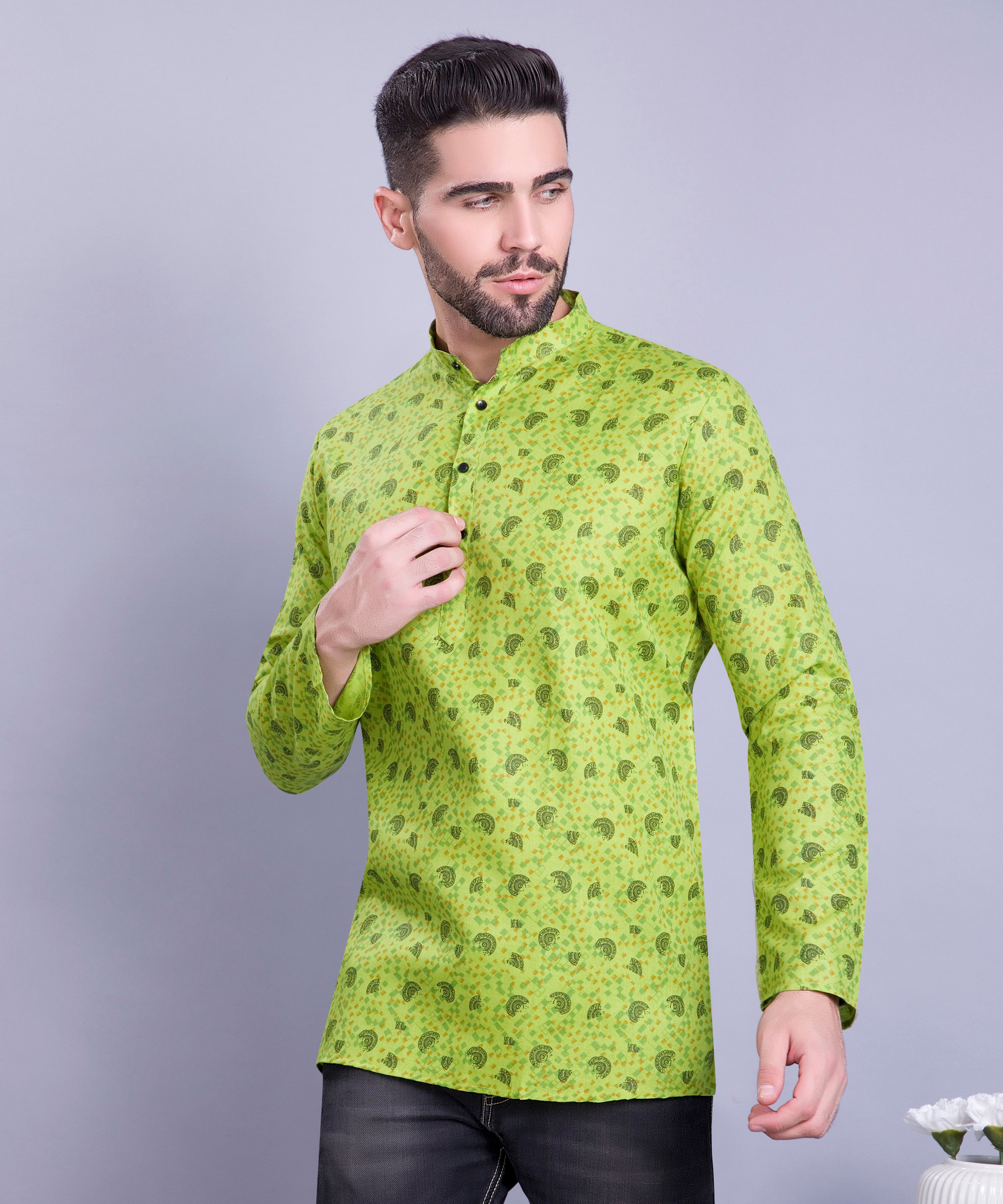 Tropical Green Hloom Printed Short Cotton Kurta