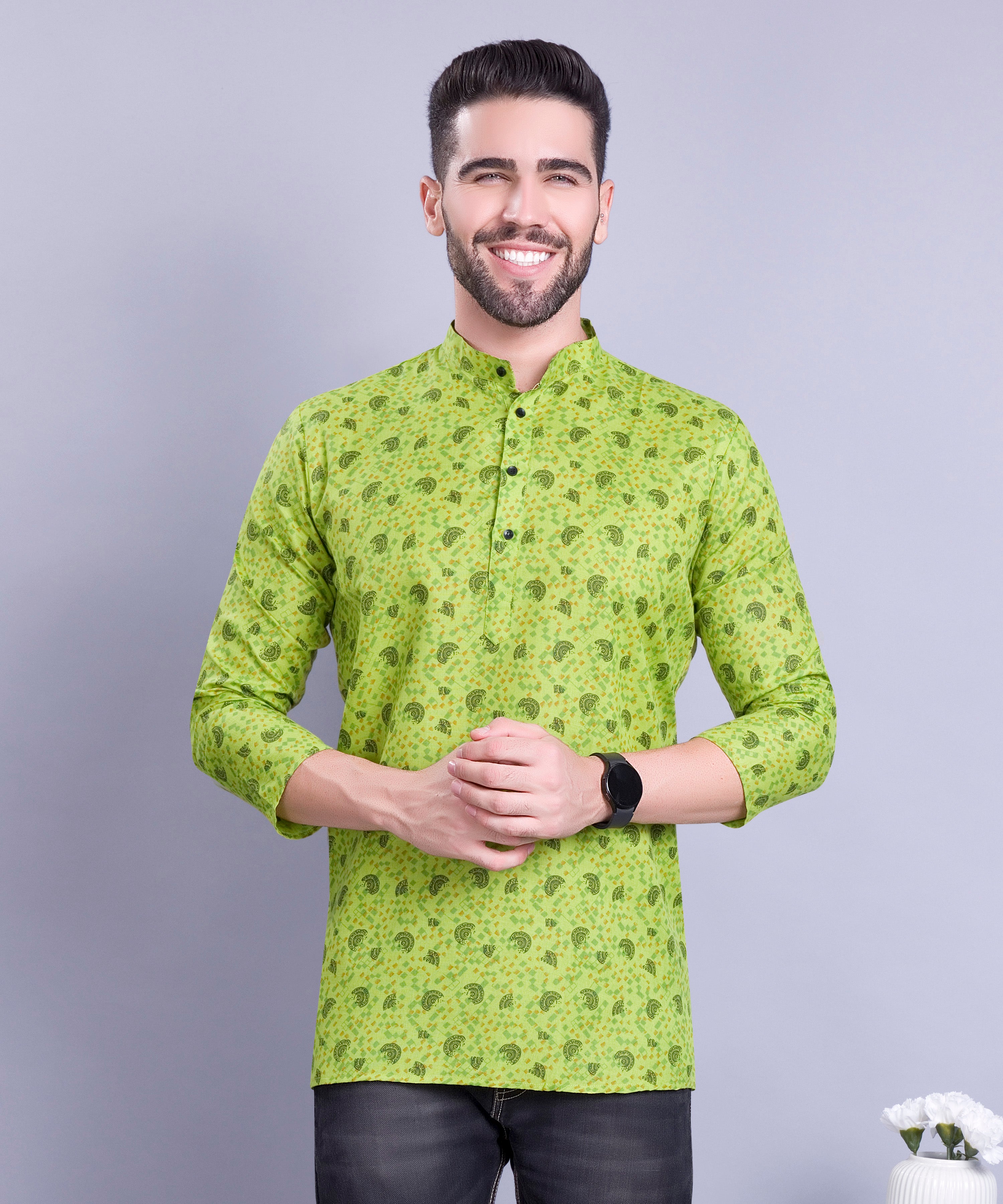 Tropical Green Hloom Printed Short Cotton Kurta