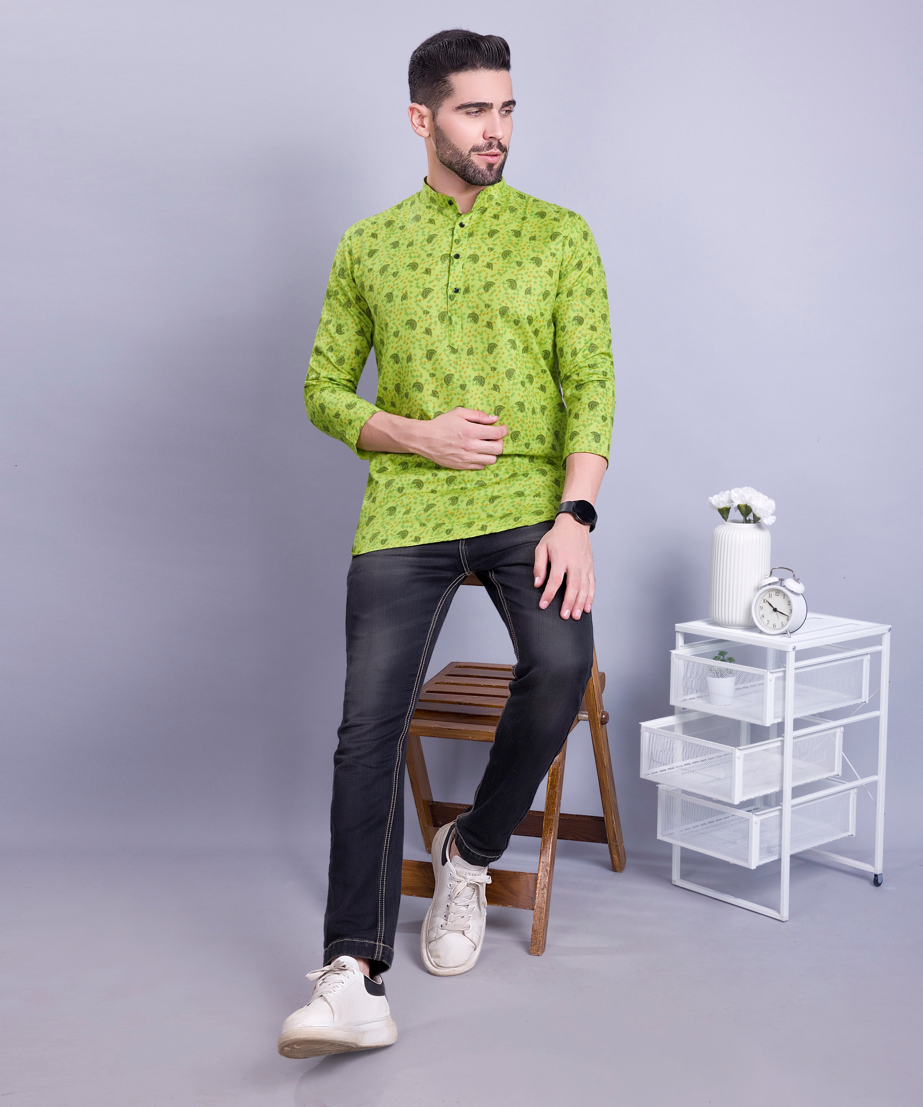 Tropical Green Hloom Printed Short Cotton Kurta