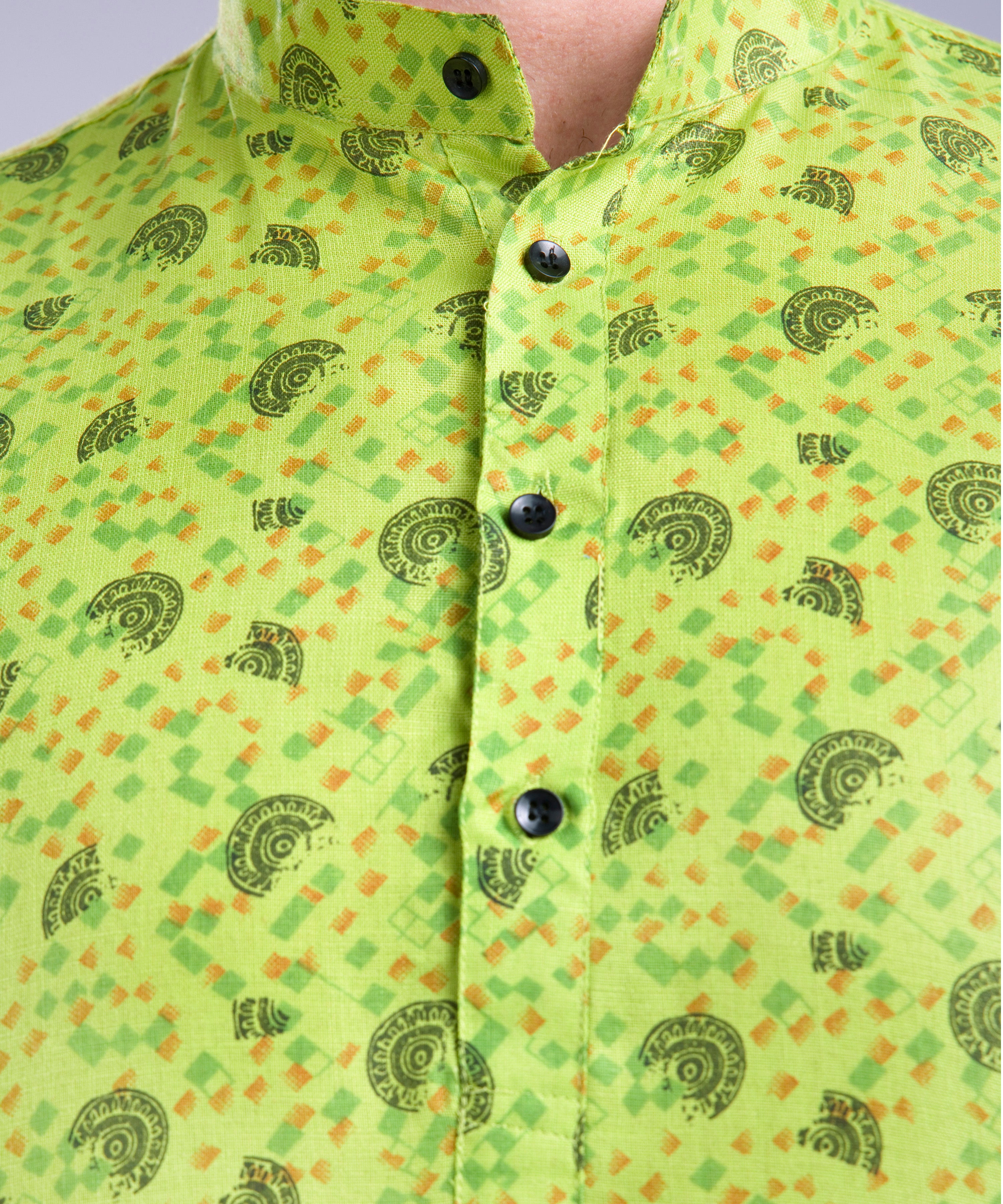 Tropical Green Hloom Printed Short Cotton Kurta