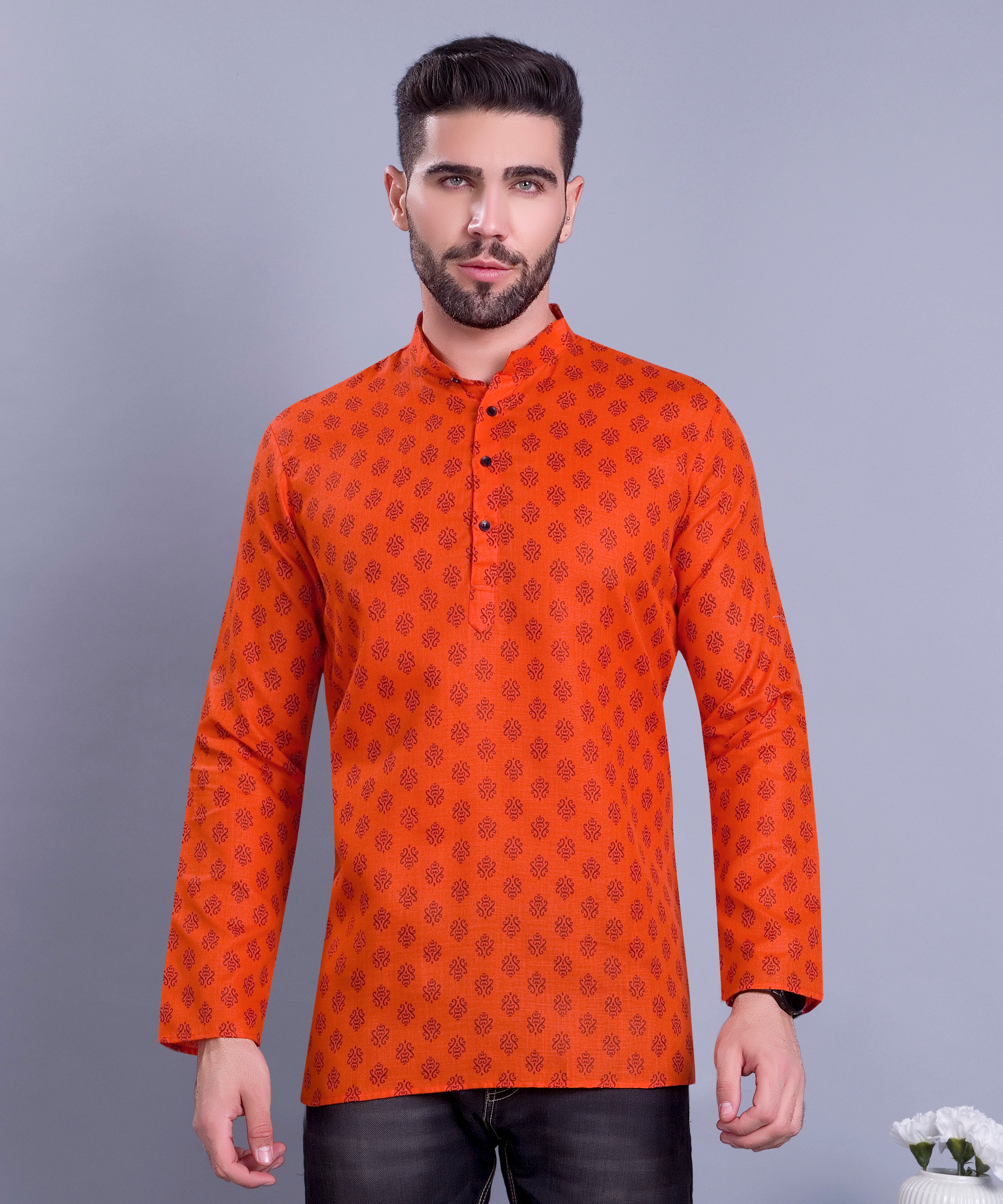 Apricot Orange Hloom Printed Short Cotton Kurta