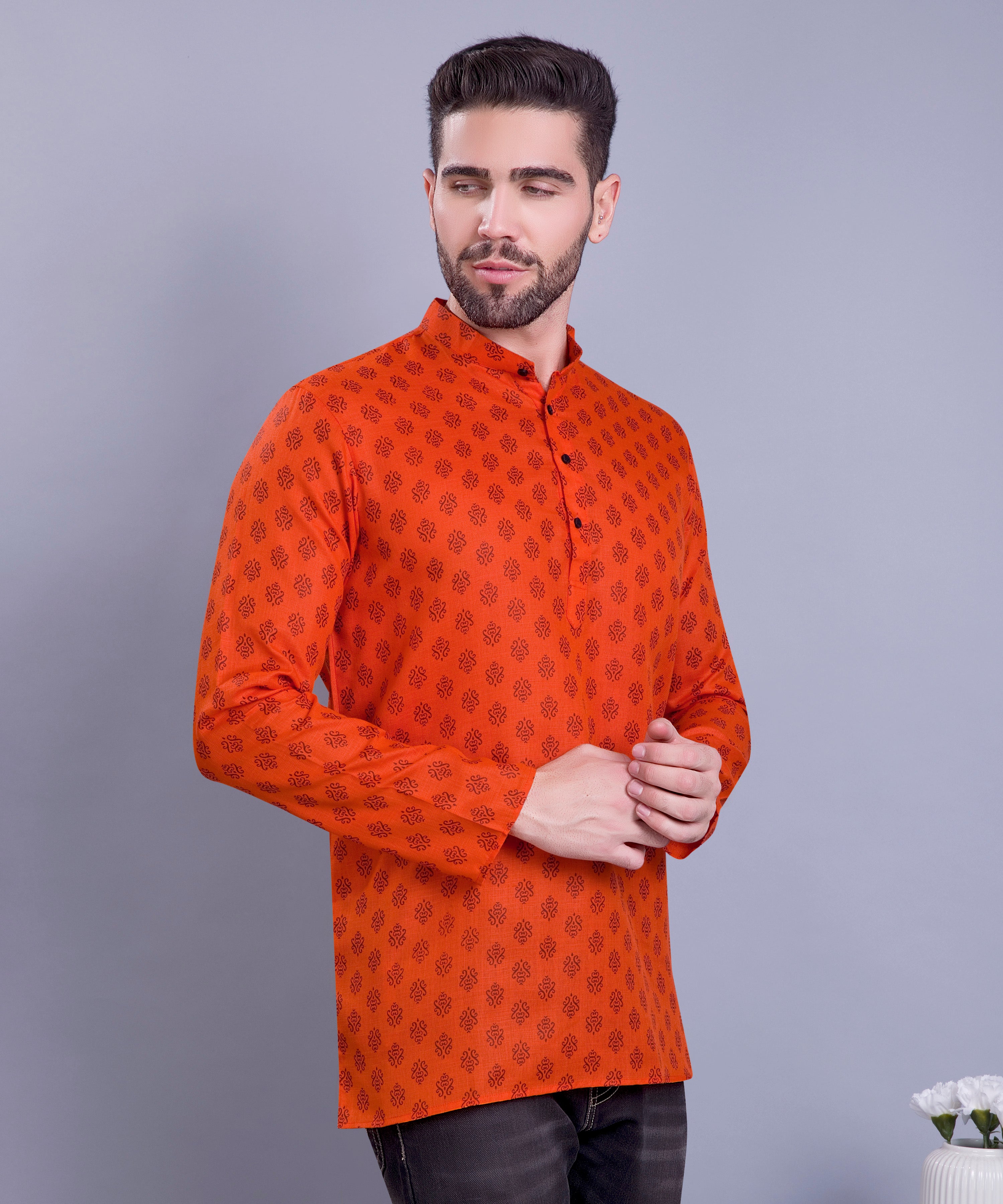 Apricot Orange Hloom Printed Short Cotton Kurta