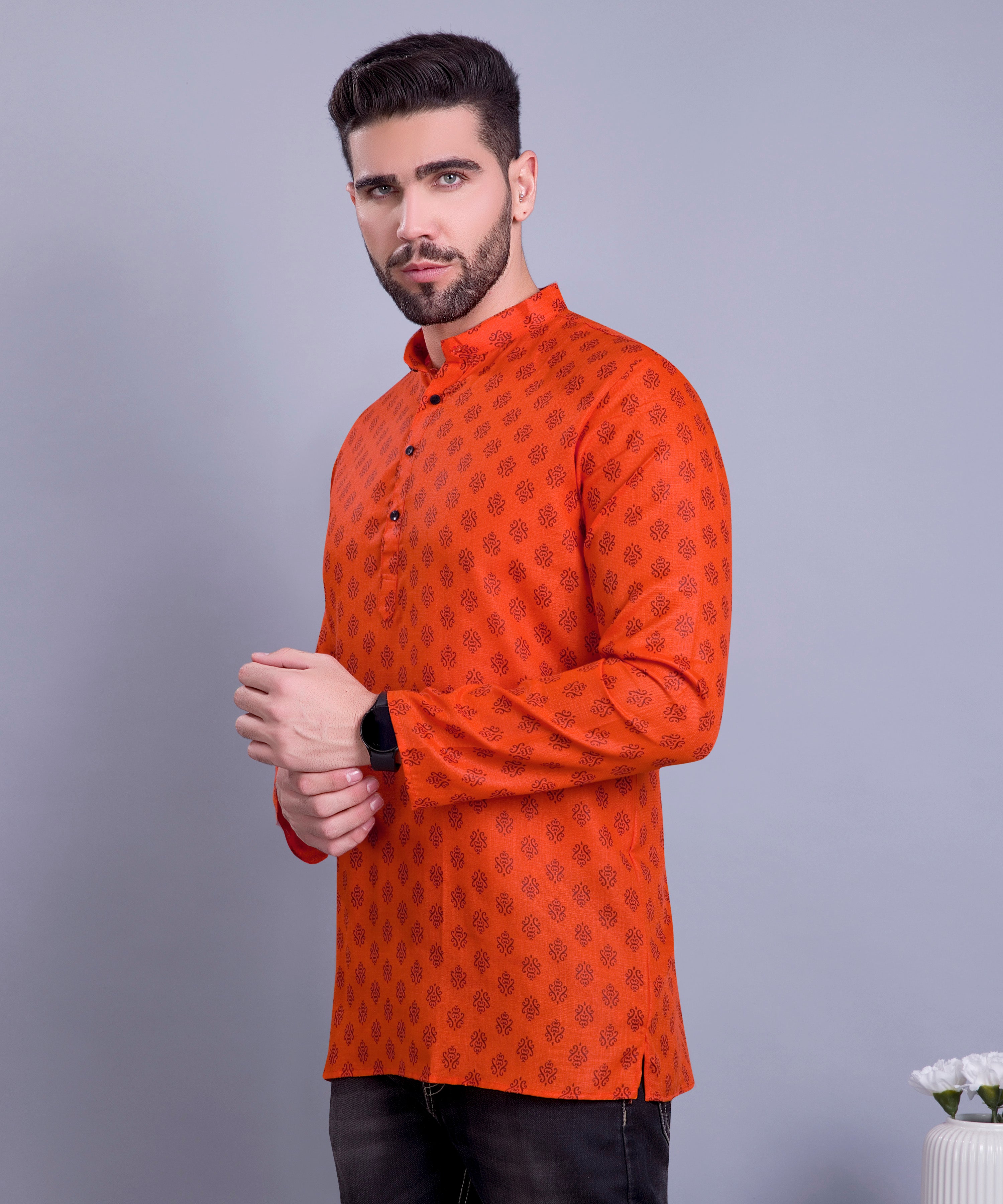 Apricot Orange Hloom Printed Short Cotton Kurta