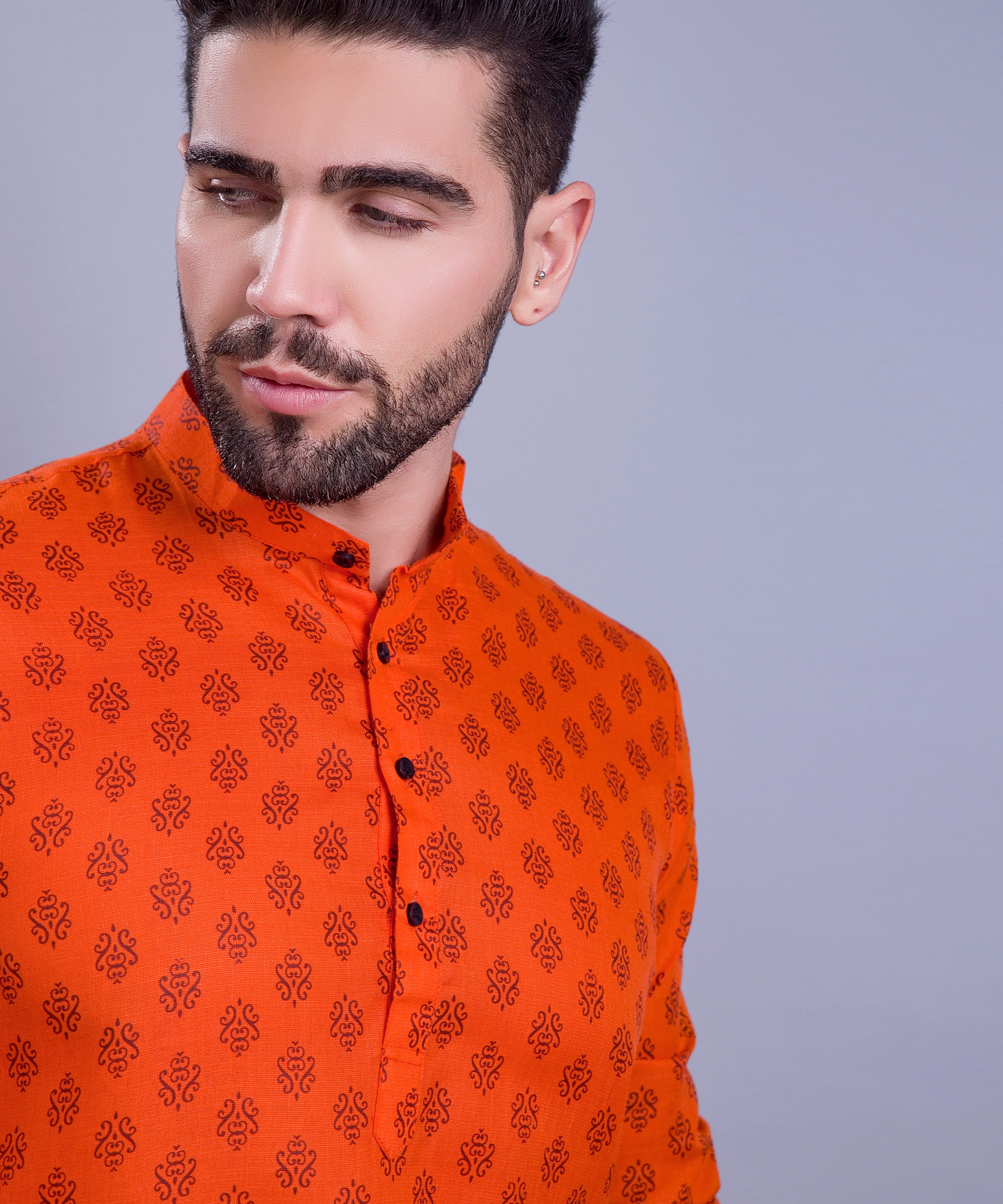 Apricot Orange Hloom Printed Short Cotton Kurta