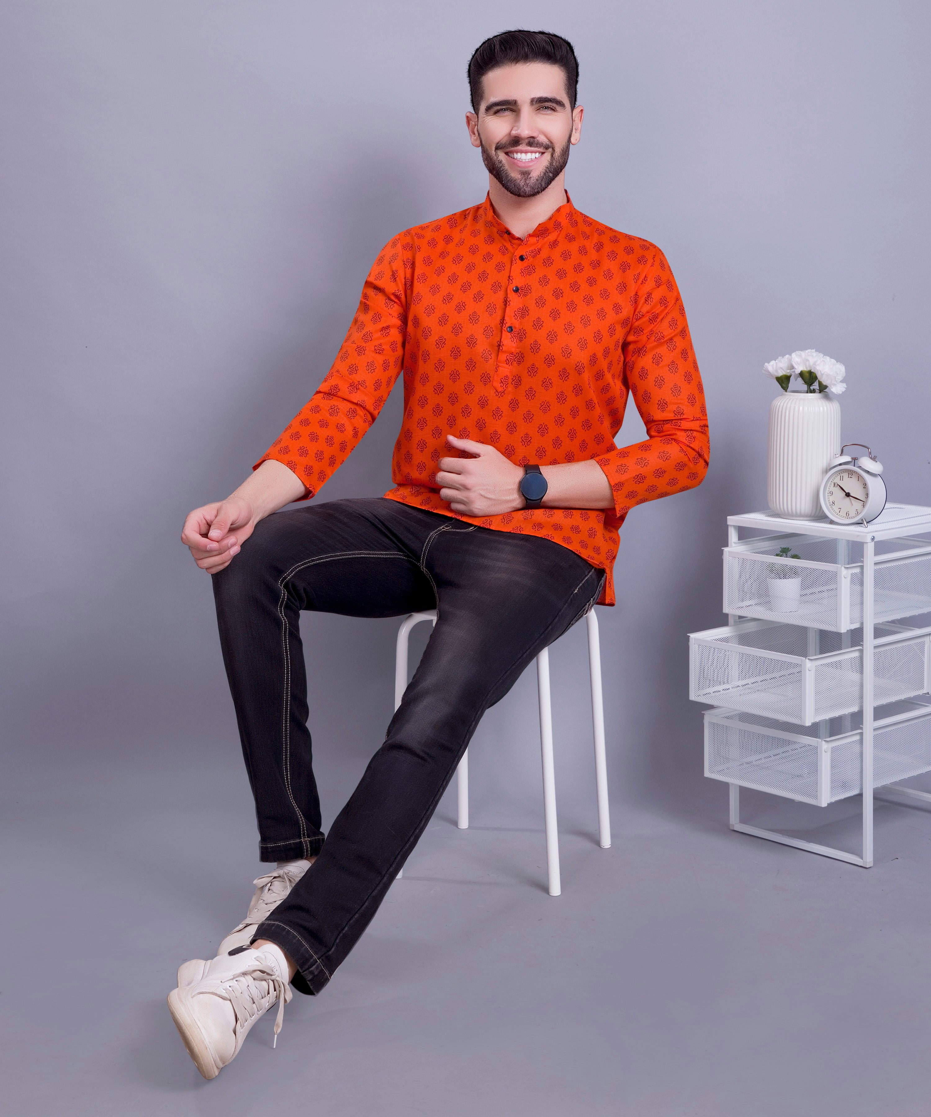 Apricot Orange Hloom Printed Short Cotton Kurta