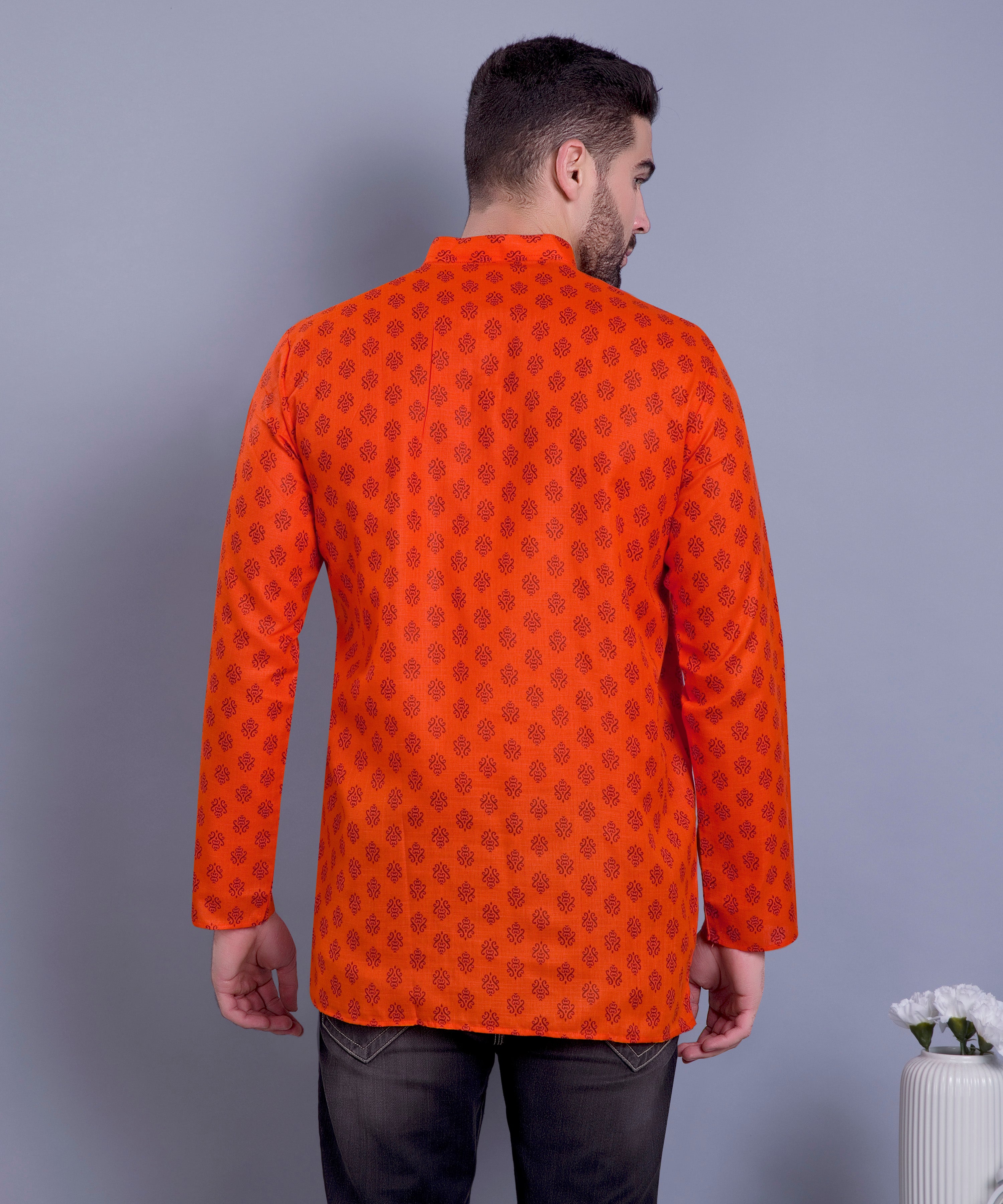 Apricot Orange Hloom Printed Short Cotton Kurta