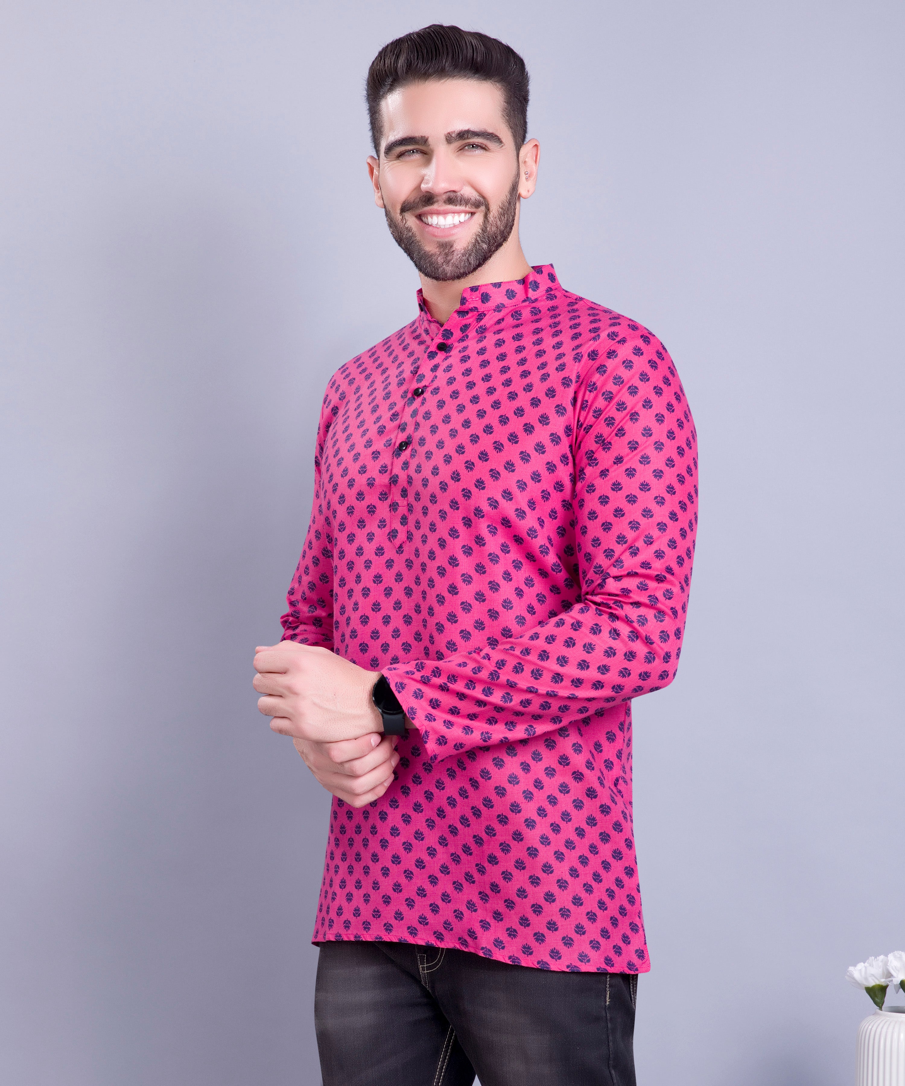 Persion Pink Hloom Printed Short Cotton Kurta