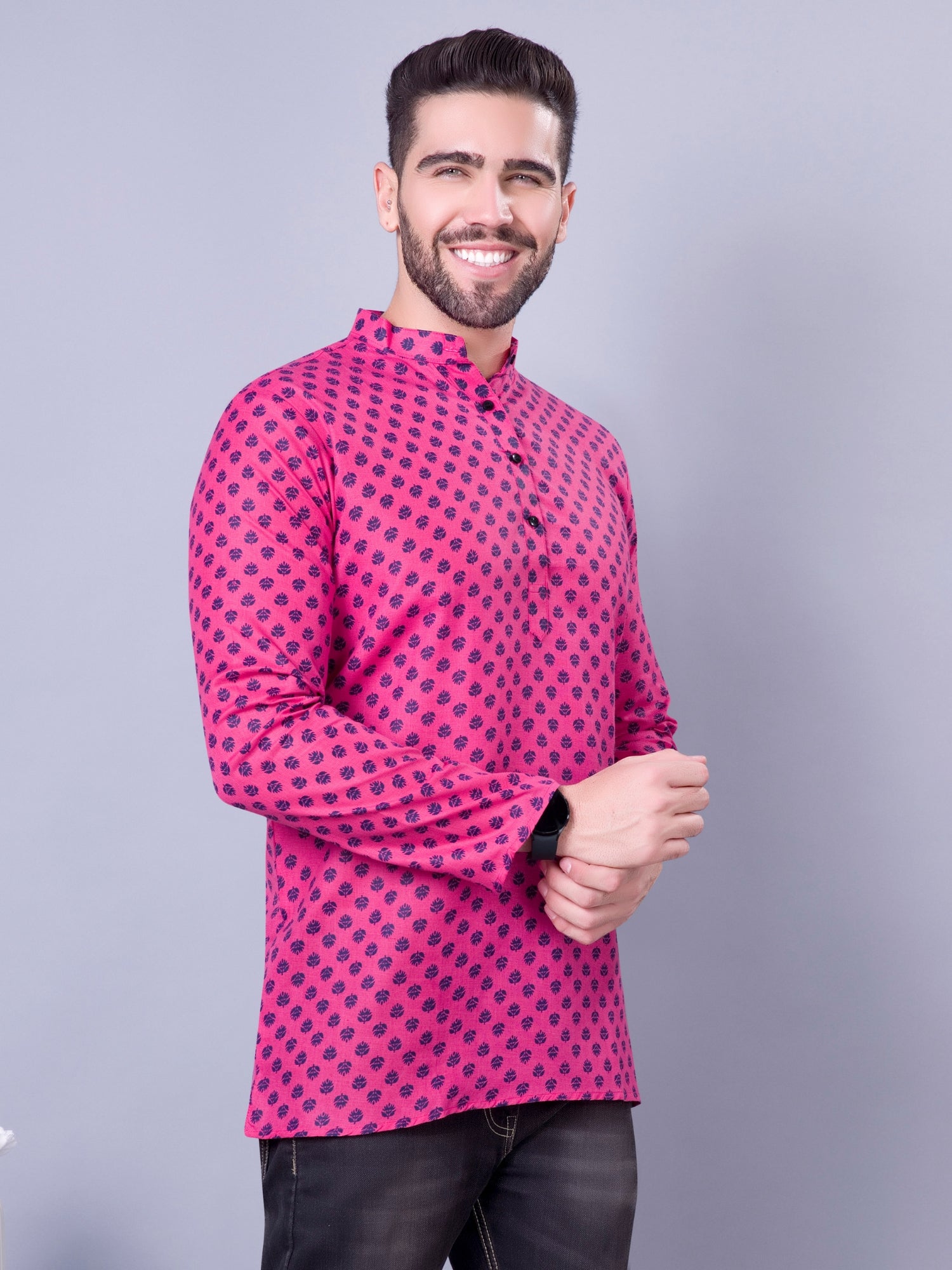 Persion Pink Hloom Printed Short Cotton Kurta