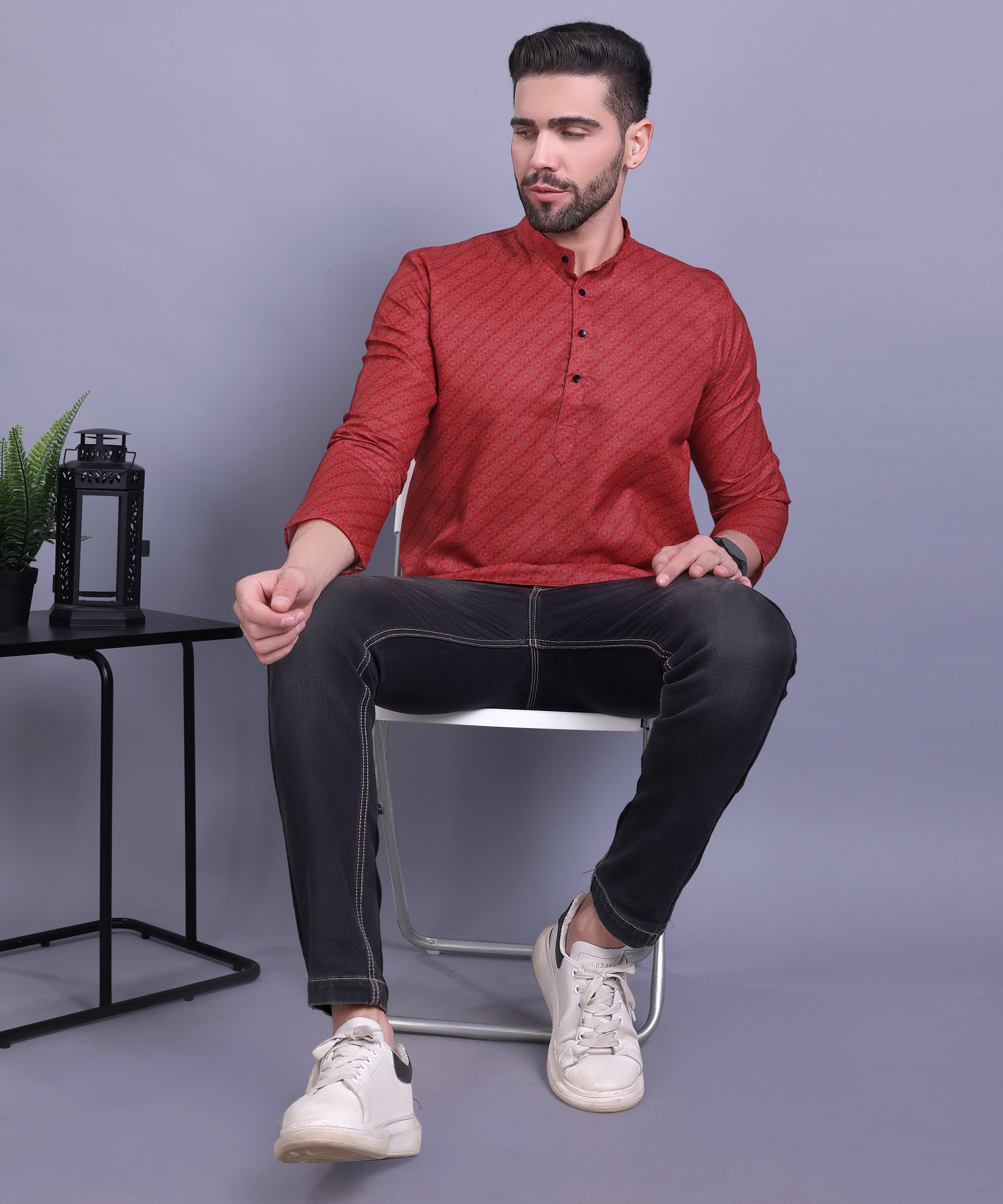 Barn Red Hloom Printed Short Cotton Kurta