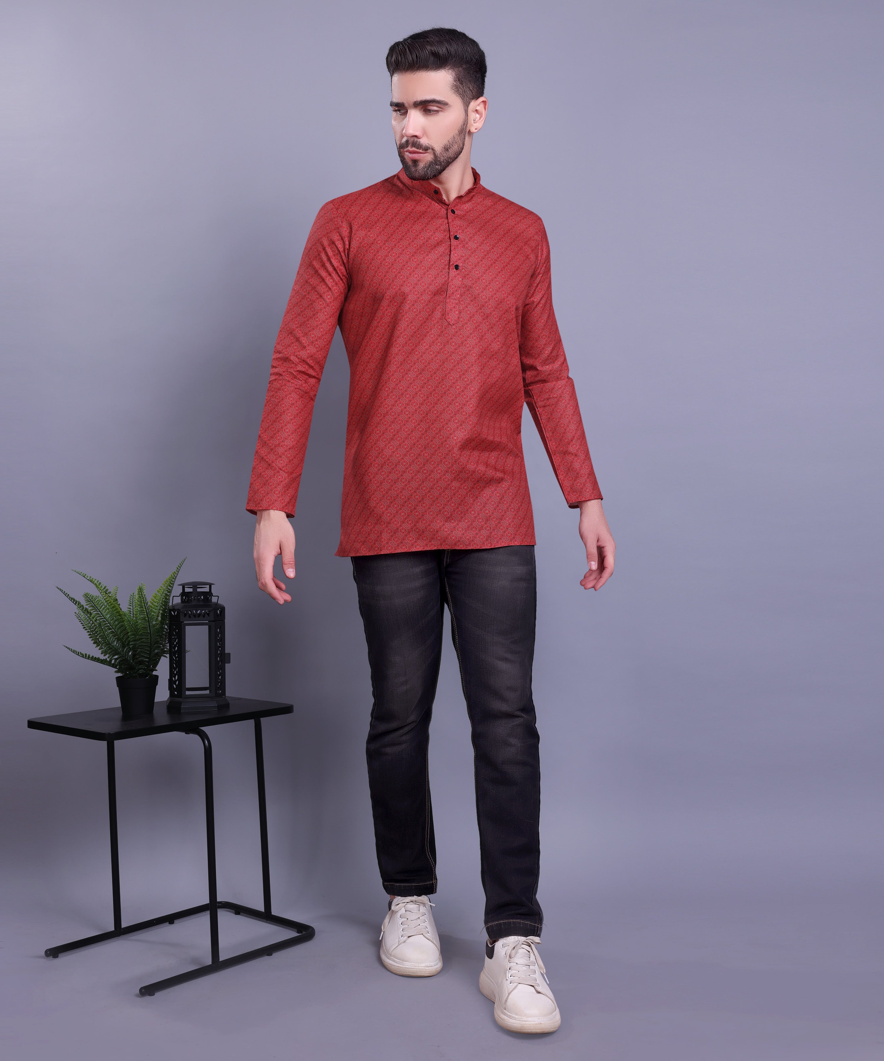 Barn Red Hloom Printed Short Cotton Kurta