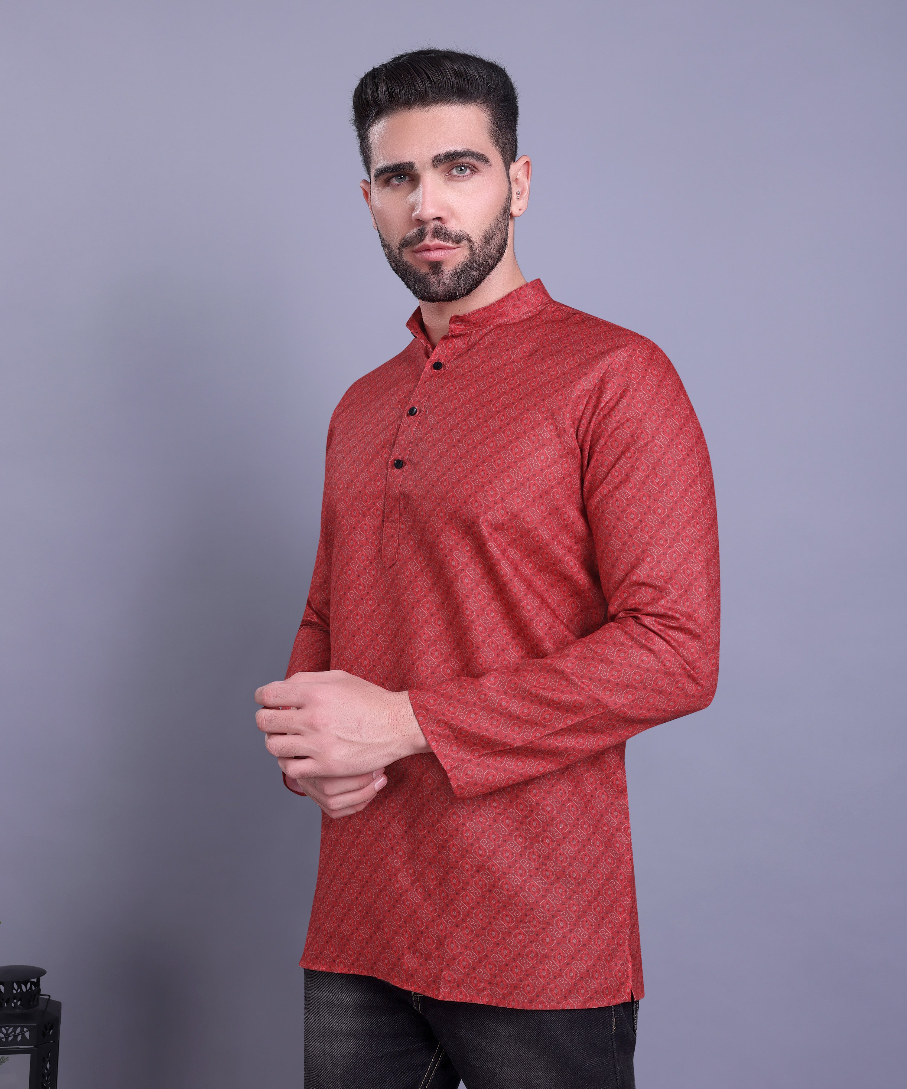 Barn Red Hloom Printed Short Cotton Kurta