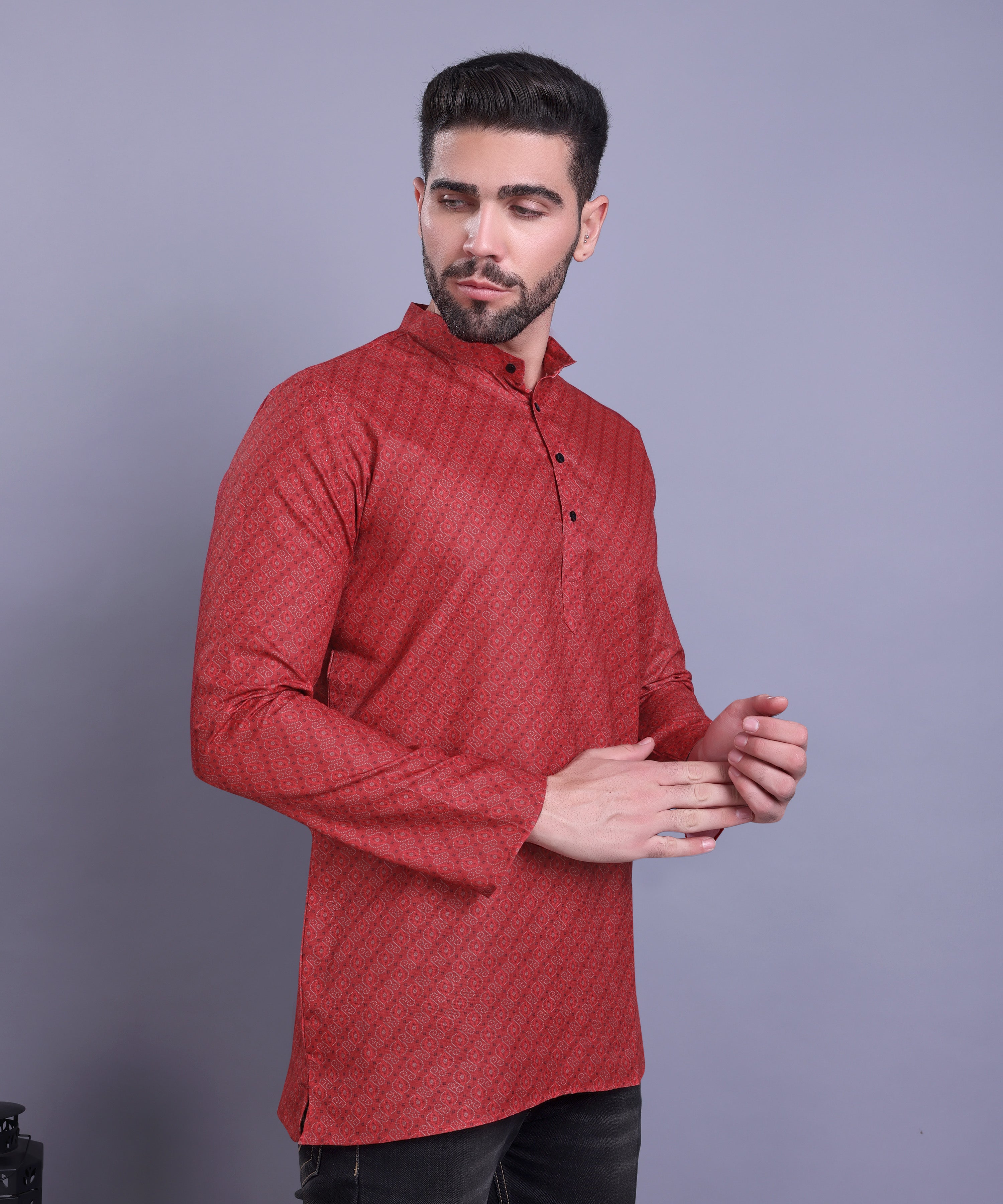 Barn Red Hloom Printed Short Cotton Kurta