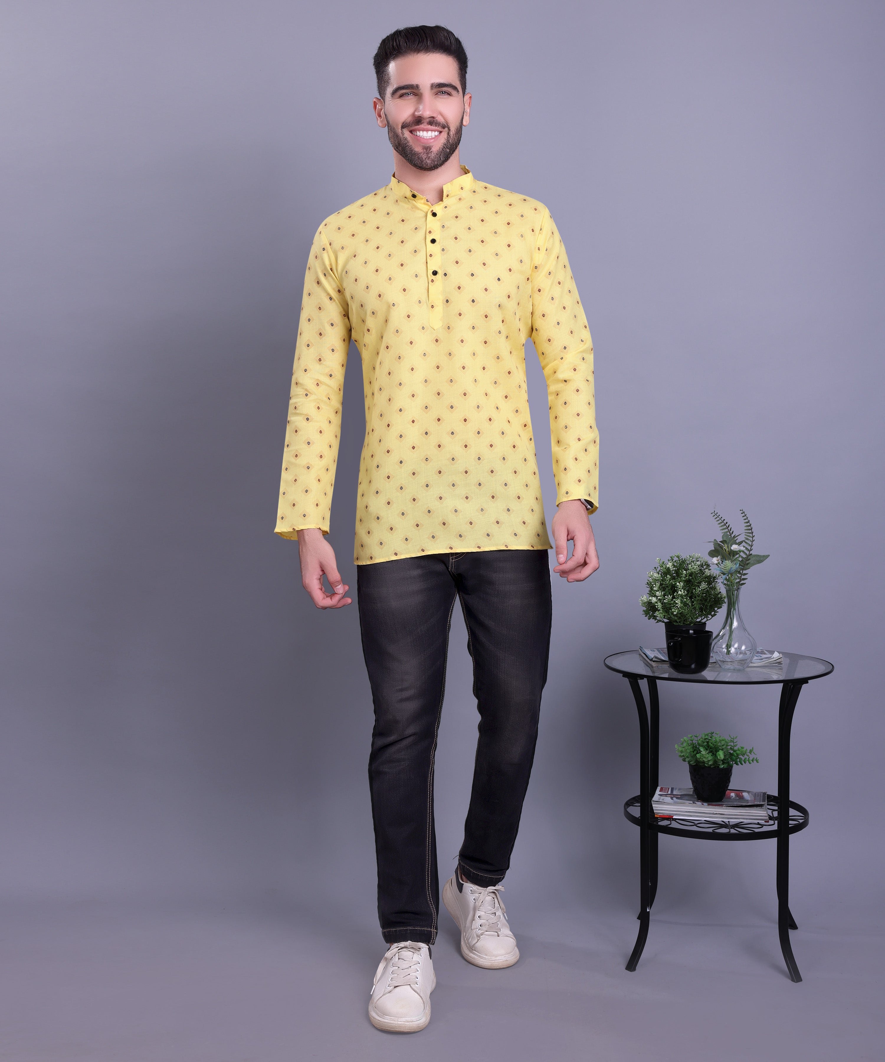 Shine Of Yellow Hloom Printed Short Cotton Kurta