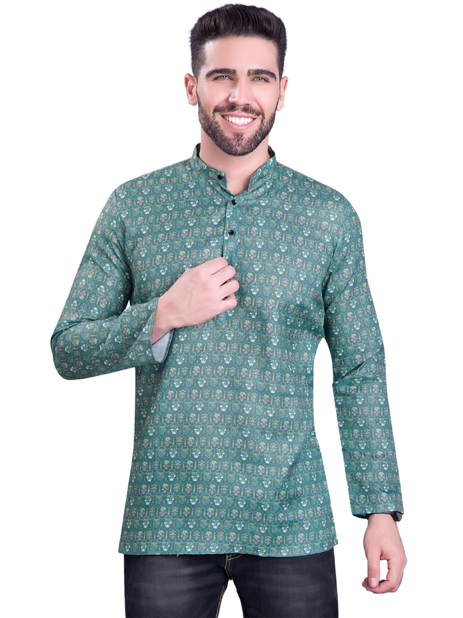 Forest Green Indi Print Short Cotton Kurta