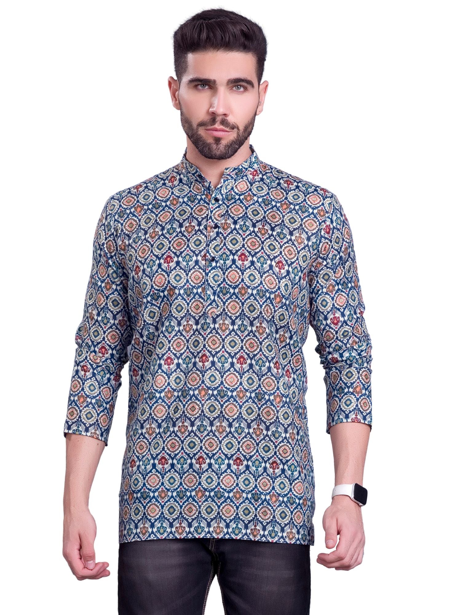 Multi Green Indi Print Short Cotton Kurta