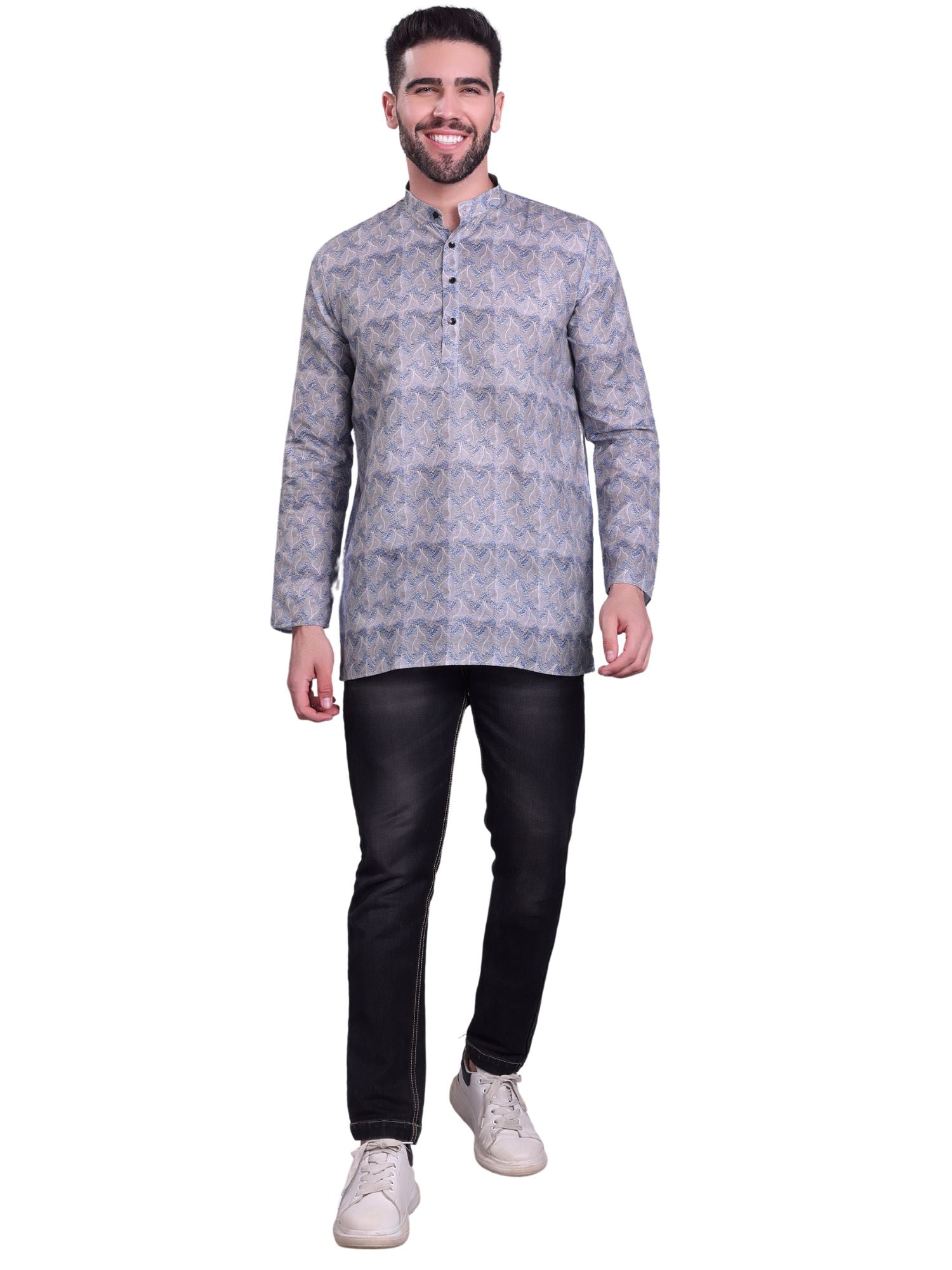 Metal Grey Indi Print Short Cotton Kurta