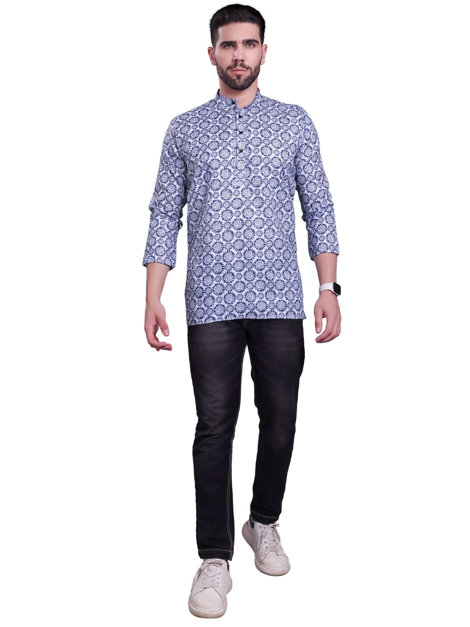 Azure Blue Indi Print Short Cotton Kurta