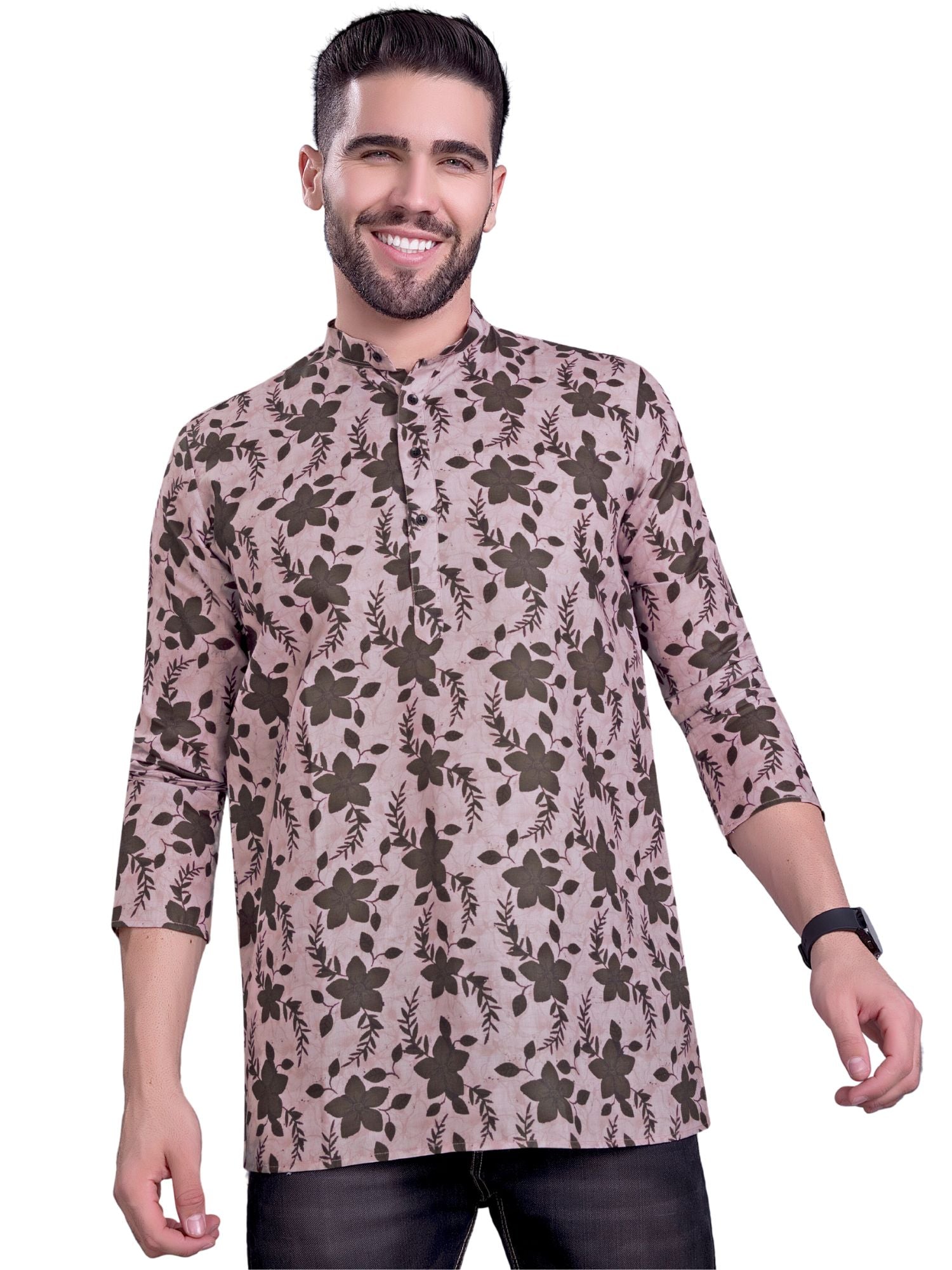 Coral Peach Indi Print Short Cotton Kurta