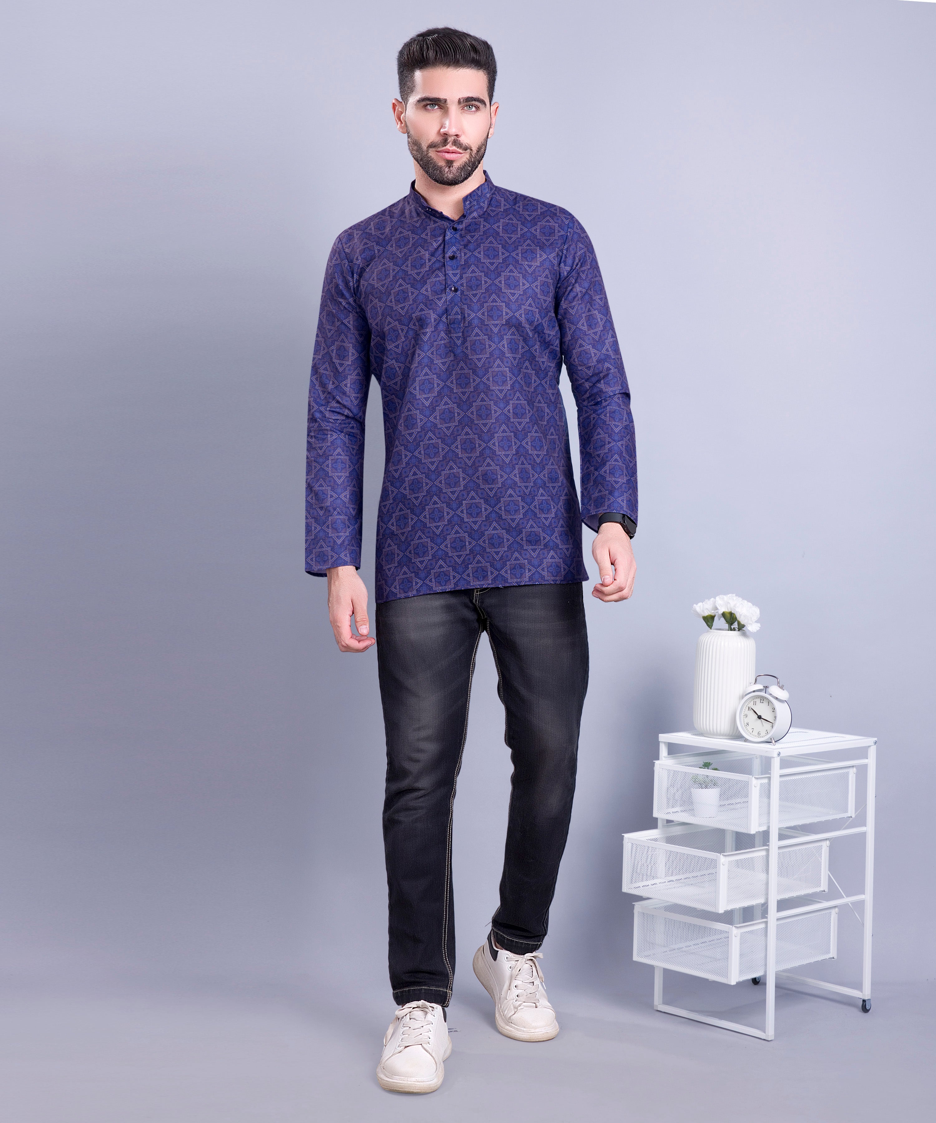Indigo Blue Indi Print Short Cotton Kurta