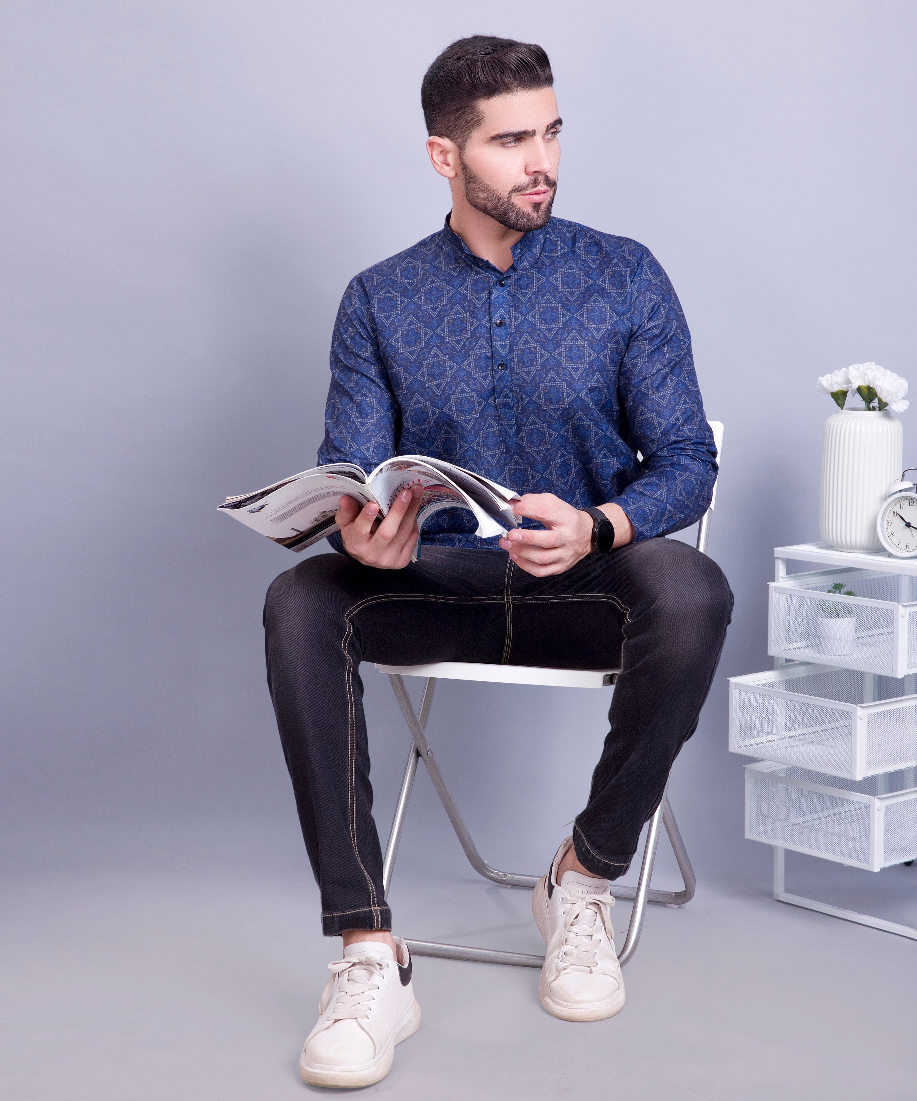 Indigo Blue Indi Print Short Cotton Kurta