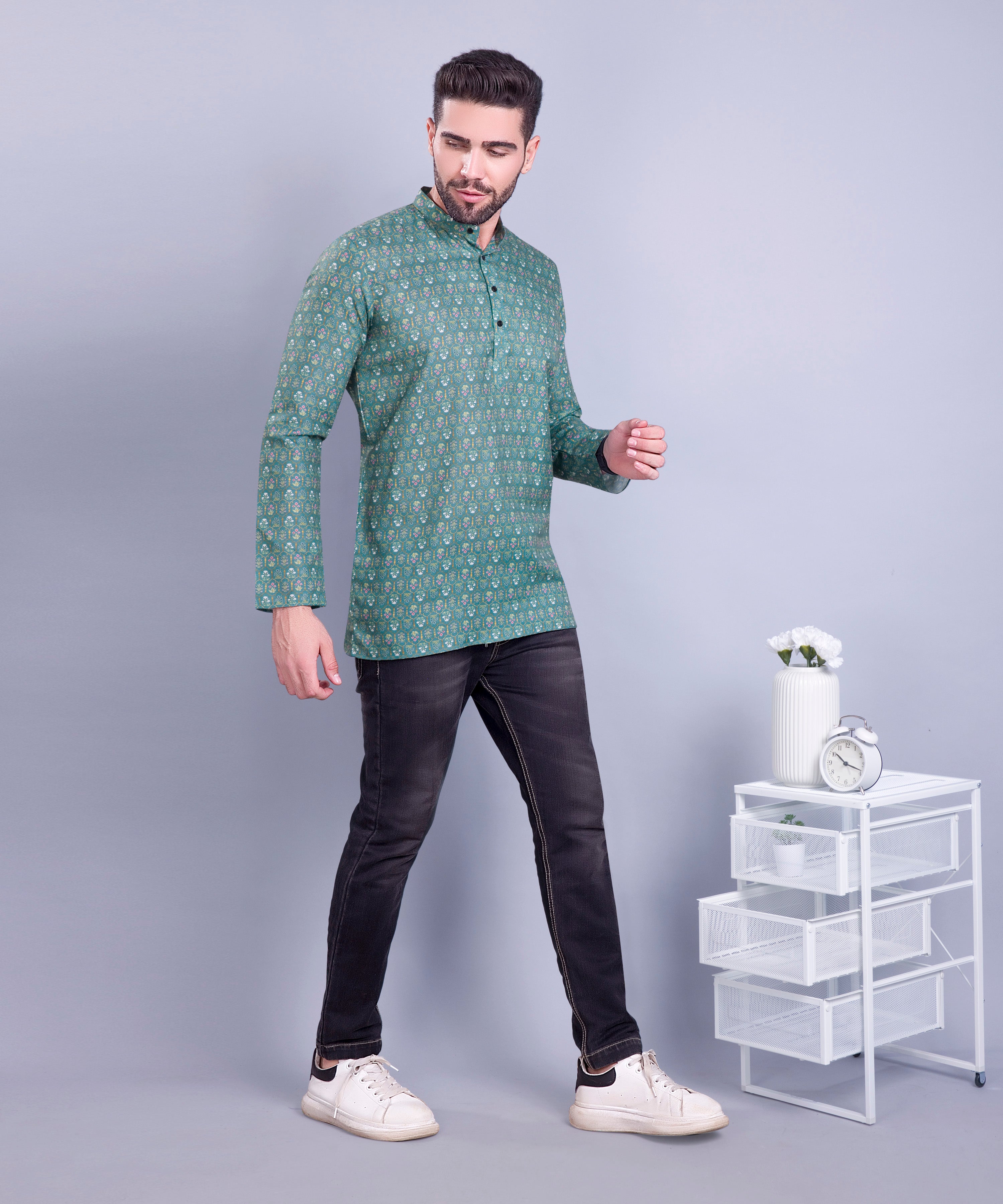 Forest Green Indi Print Short Cotton Kurta