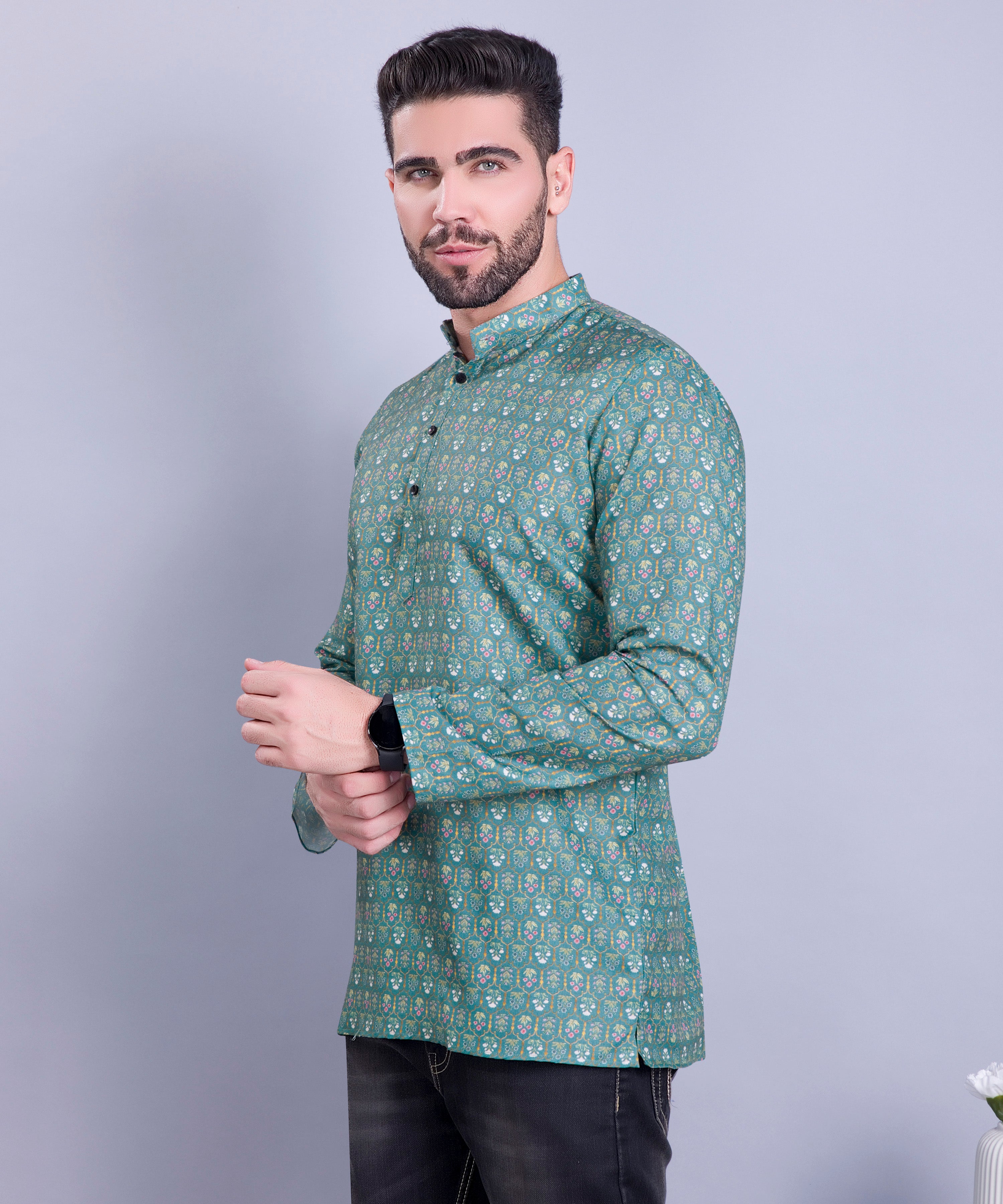 Forest Green Indi Print Short Cotton Kurta
