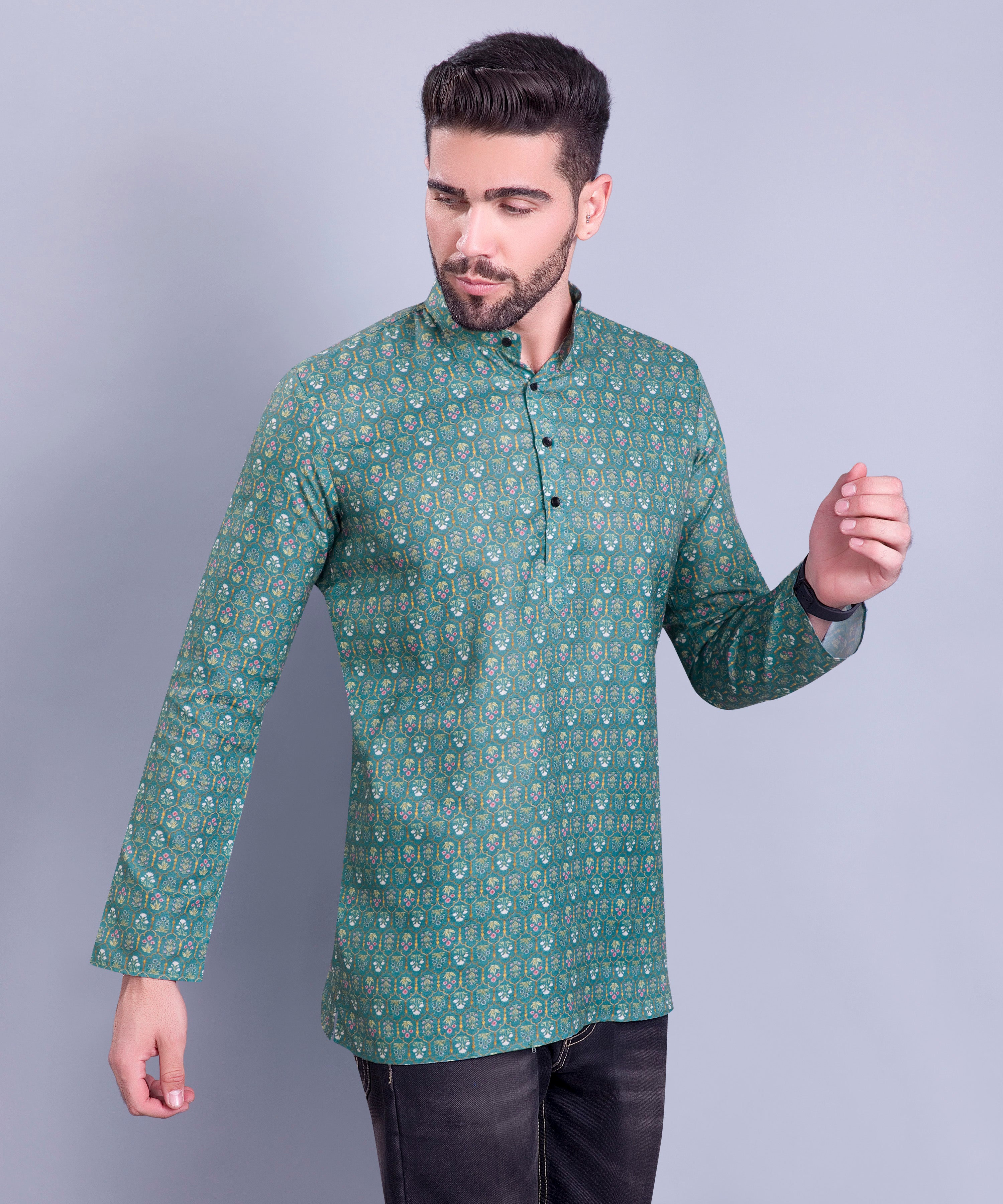 Forest Green Indi Print Short Cotton Kurta