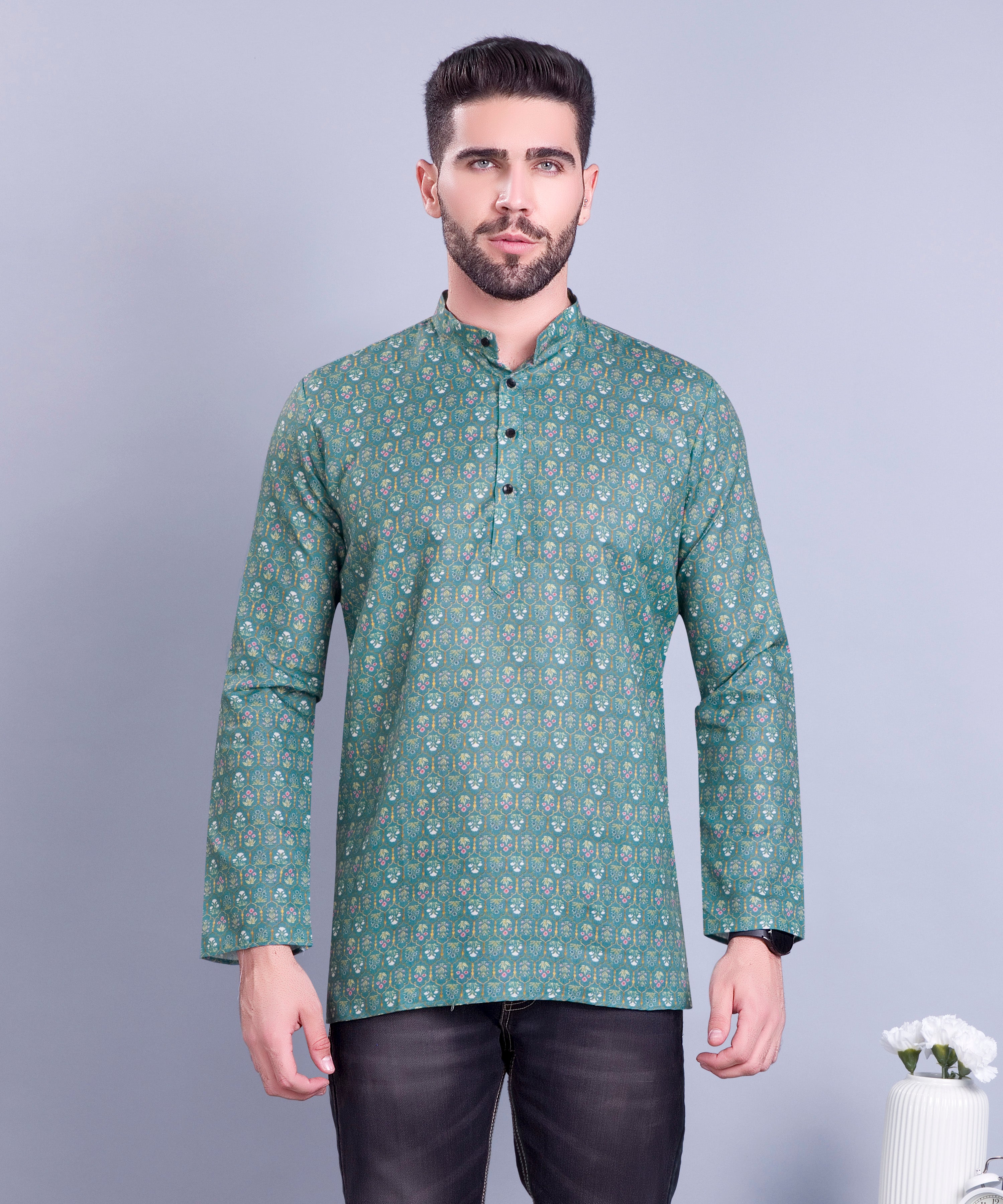 Forest Green Indi Print Short Cotton Kurta